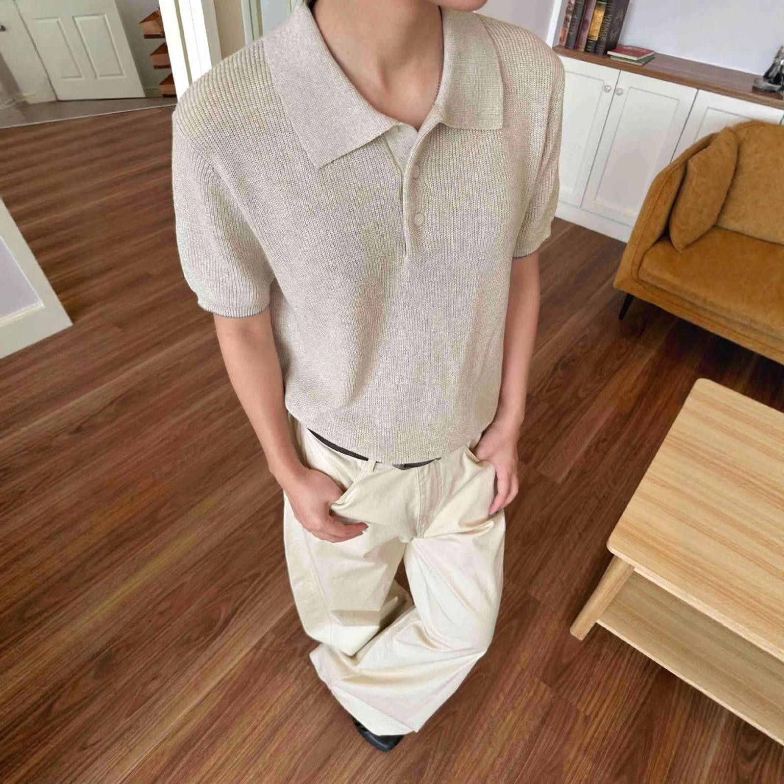 Other Beige Knit Polo Shirt, Relaxed Fit Short Sleeve Top Size US M / EU 48-50 / 2 - 1 Thumbnail