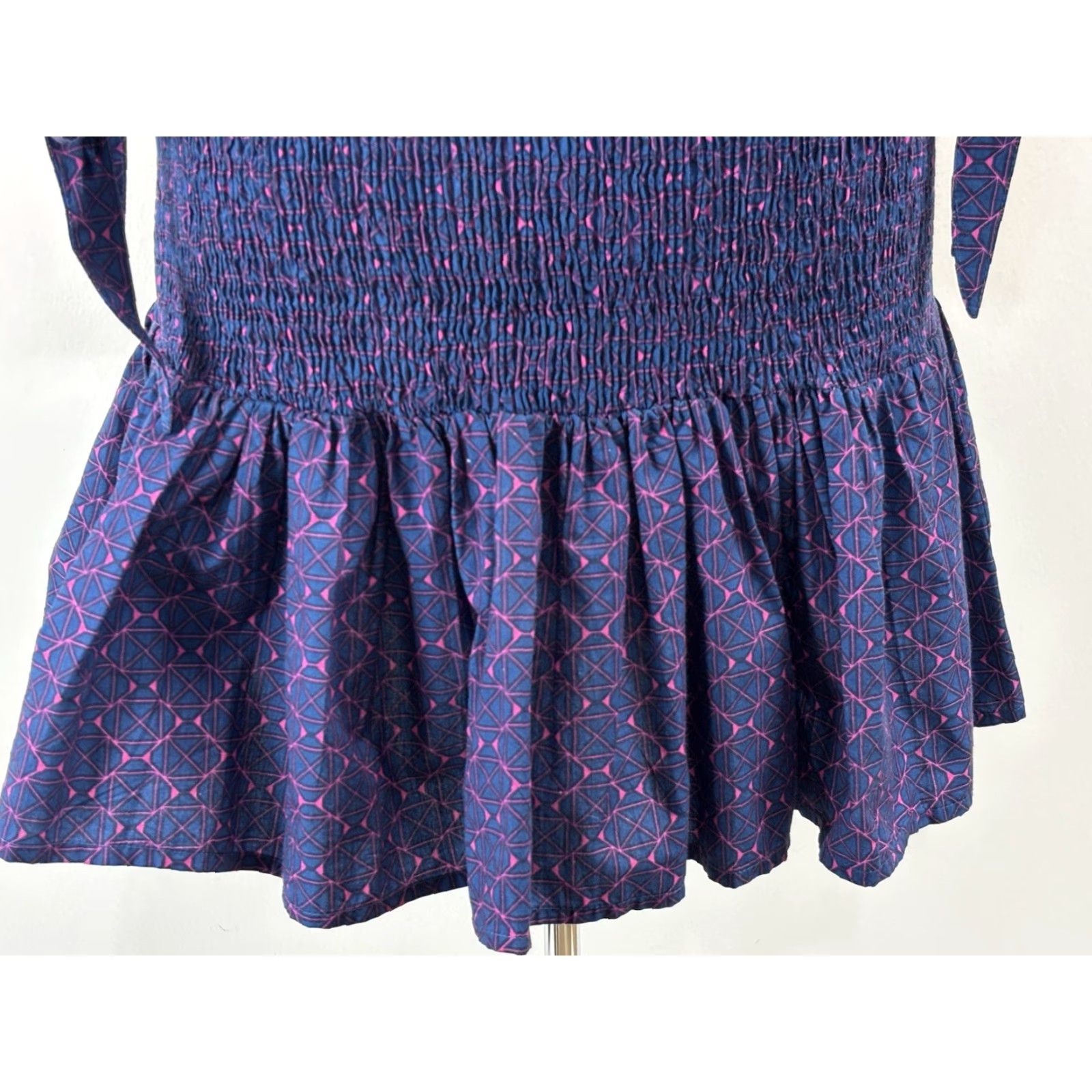 Vintage Oliphant Morocco Mini Dress Women’s M Blue Puff Sleeve Stretch Smocked Tie Sleeves Vintage? No — Pre-owned Excellent — Zip Closure Size M / US 6-8 / IT 42-44 - 6 Thumbnail