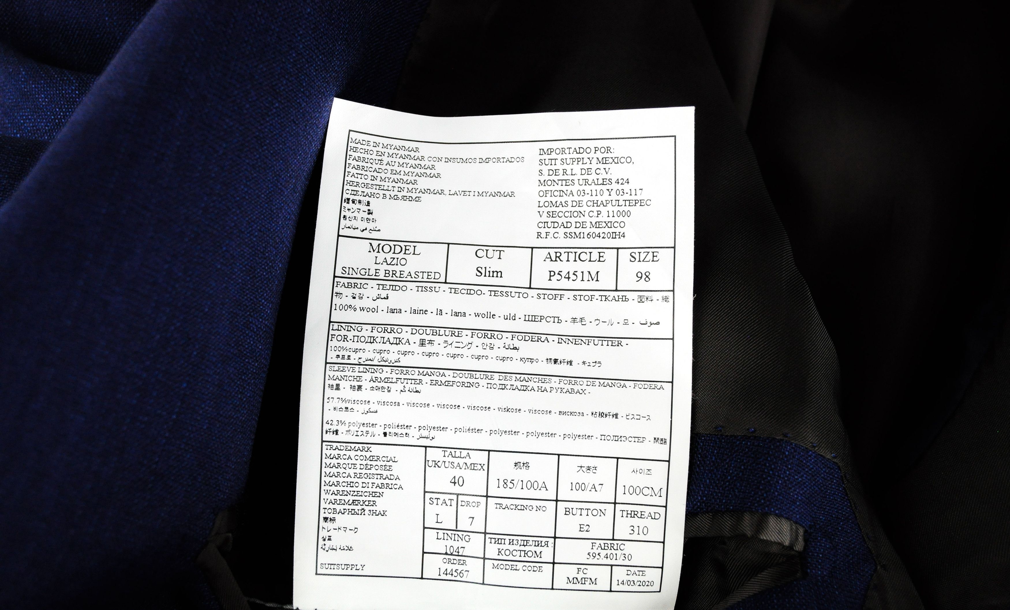 LAZIO UK40L Wool Slim Blue Melange Suit 55031