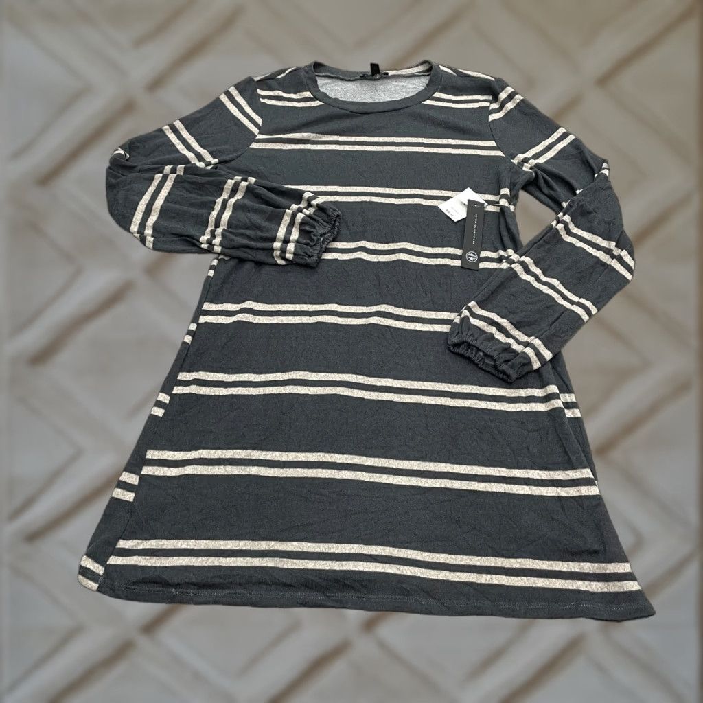 Vintage As U Wish Sweater Dress Womens L Dark Gray Striped Long Sleeve Crew Neck NWT Size L / US 10 / IT 46 - 1 Thumbnail