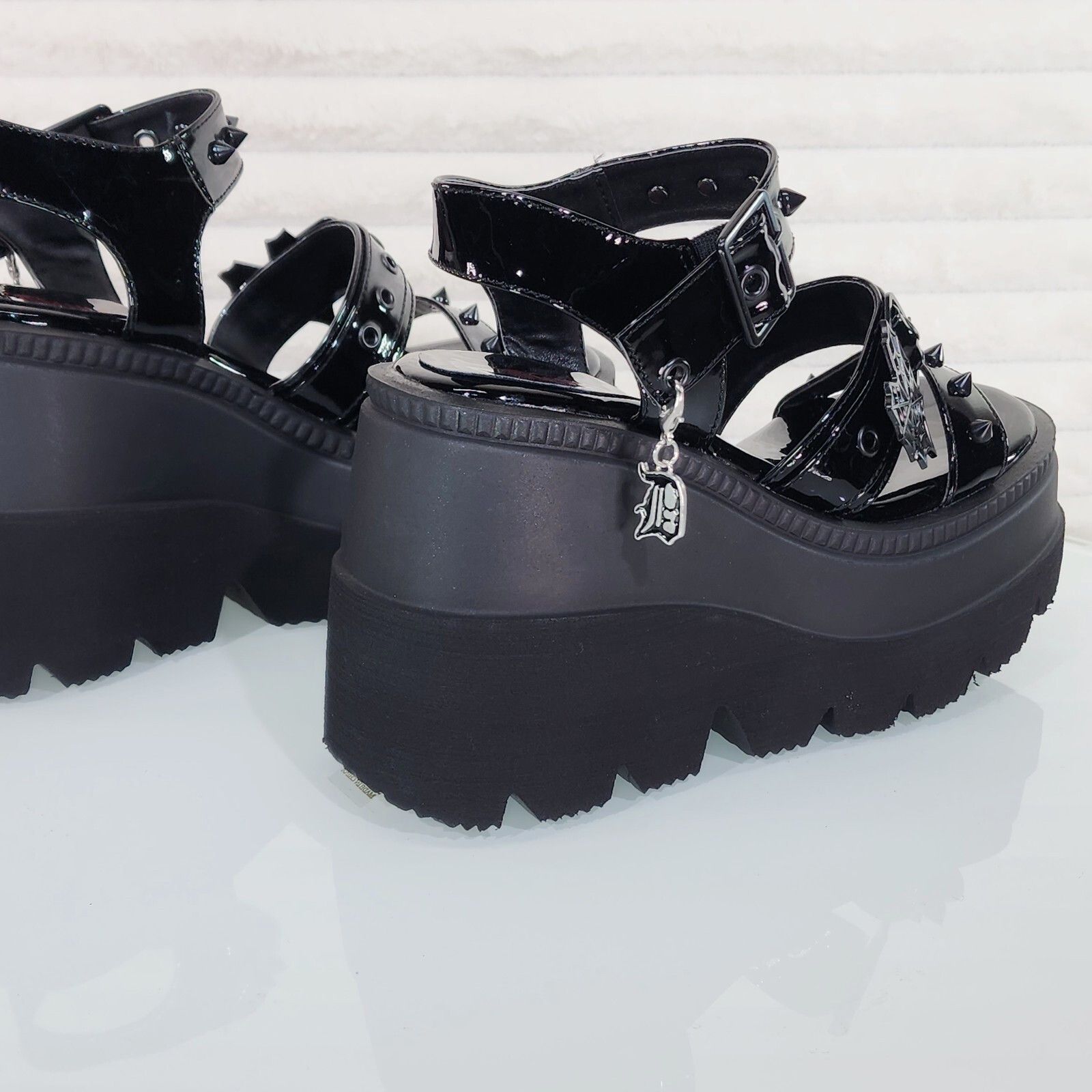 Other Shaker 13 Black Out Patent 4.5" Wedge Heel Gothic Sandals St Size US 9 / IT 39 - 3 Thumbnail
