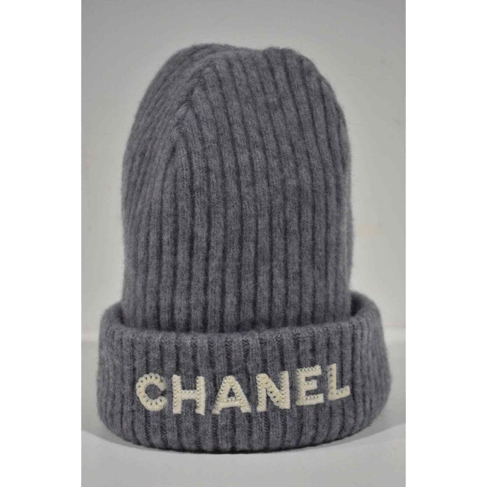 Chanel Cashmere Grey White Sequin Logo Winter Hat Cap Cloche