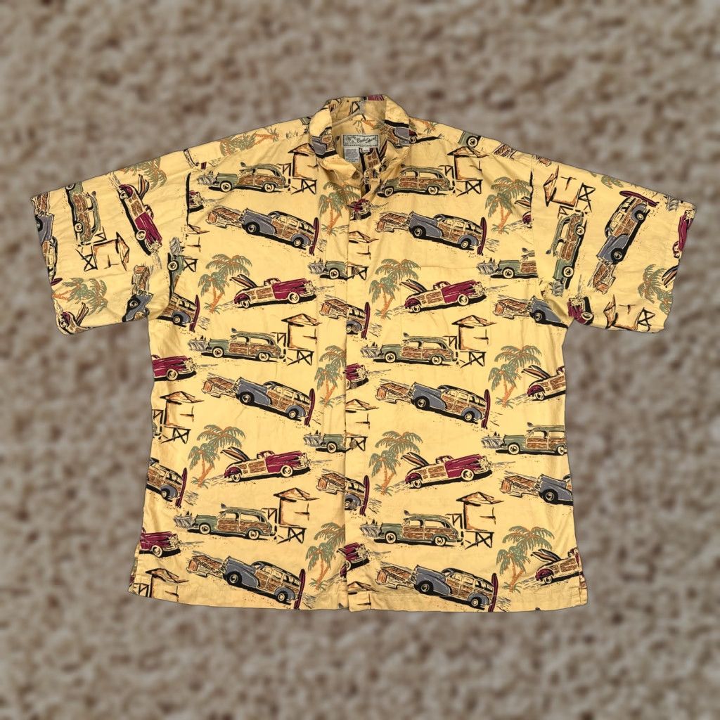 VINTAGE Beck Sport Shirt Mens 2XL Yellow Hawaiian Cars Button-Up 100% Rayon Floral Short Sleeve Beach/Relaxed Fit