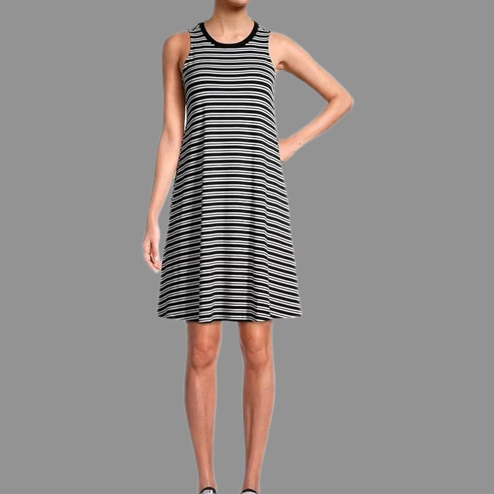 Vintage Time And Tru Womens Black White Striped Sleeveless Swing Dress Pockets Stretch M Size L / US 10 / IT 46 - 1 Thumbnail