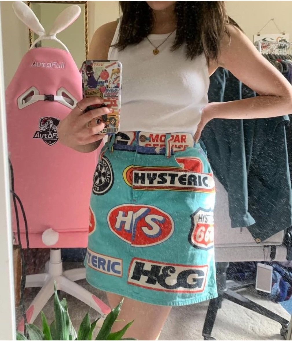 Beauty Beast × Hysteric Glamour y2k vtg 90s Hysteric Glamour motorcycle slogan patches skirt Size 29" - 3 Thumbnail