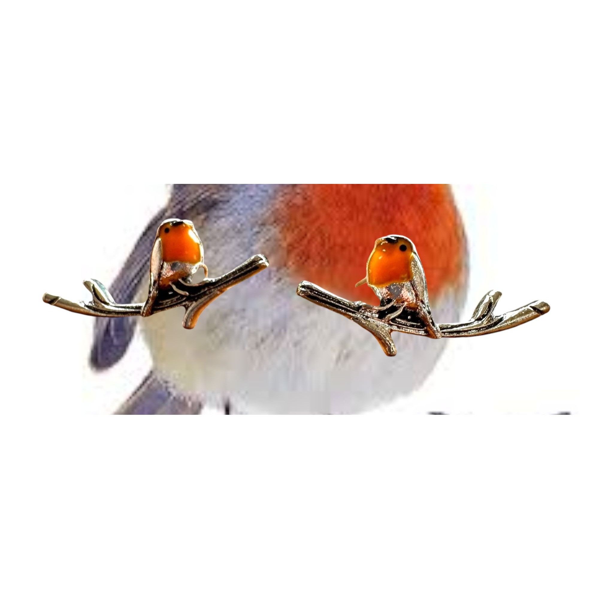 Handmade Robin Bird Earrings Ear Climbers New Orange Silver Tree Bran Size ONE SIZE - 1 Thumbnail