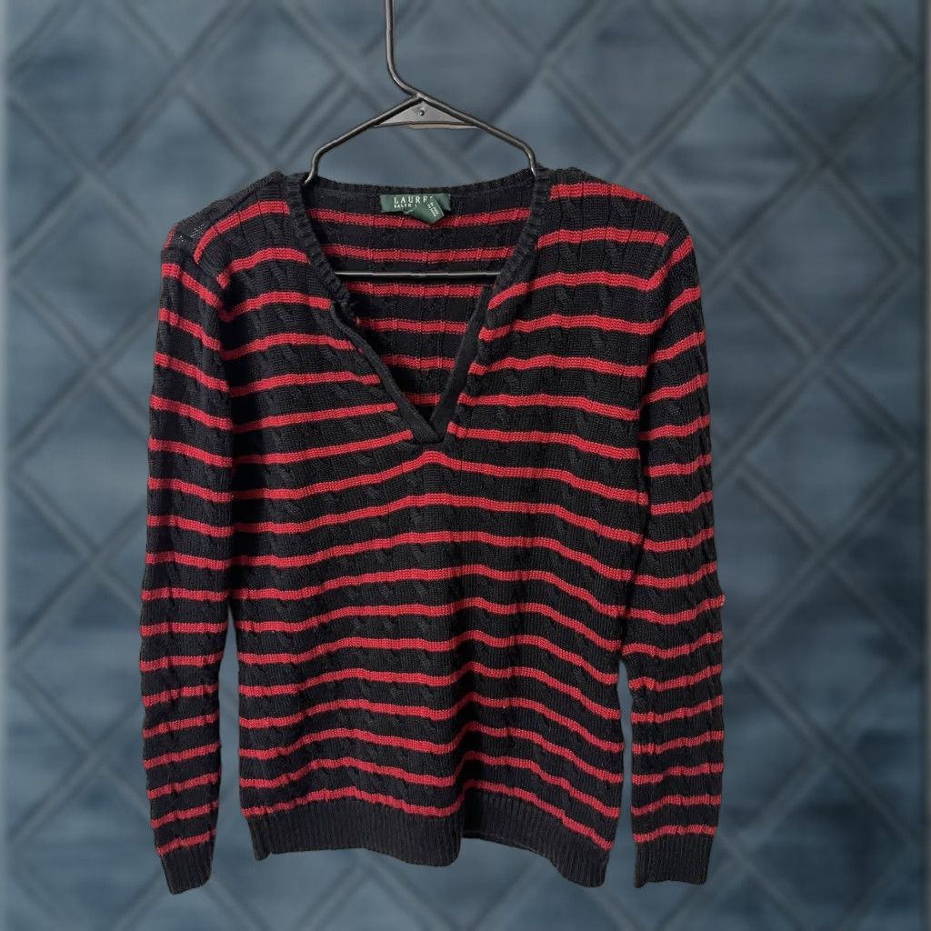 Ralph Lauren VINTAGE Lauren Ralph Lauren Womens Sweater Pullover Long Sleeve V-Neck Cable Knit Striped Cotton Blend Black Red Sizes Size L / US 10 / IT 46 - 1 Thumbnail