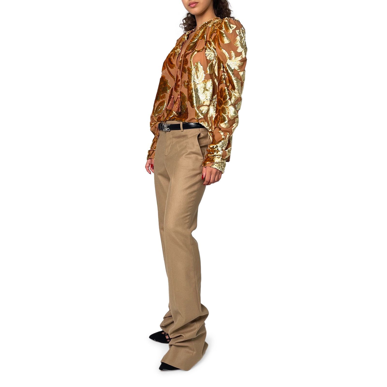 Ulla Johnson Velvet Gold & Pink Blouse with Tie Neck Size M / US 6-8 / IT 42-44 - 3 Thumbnail