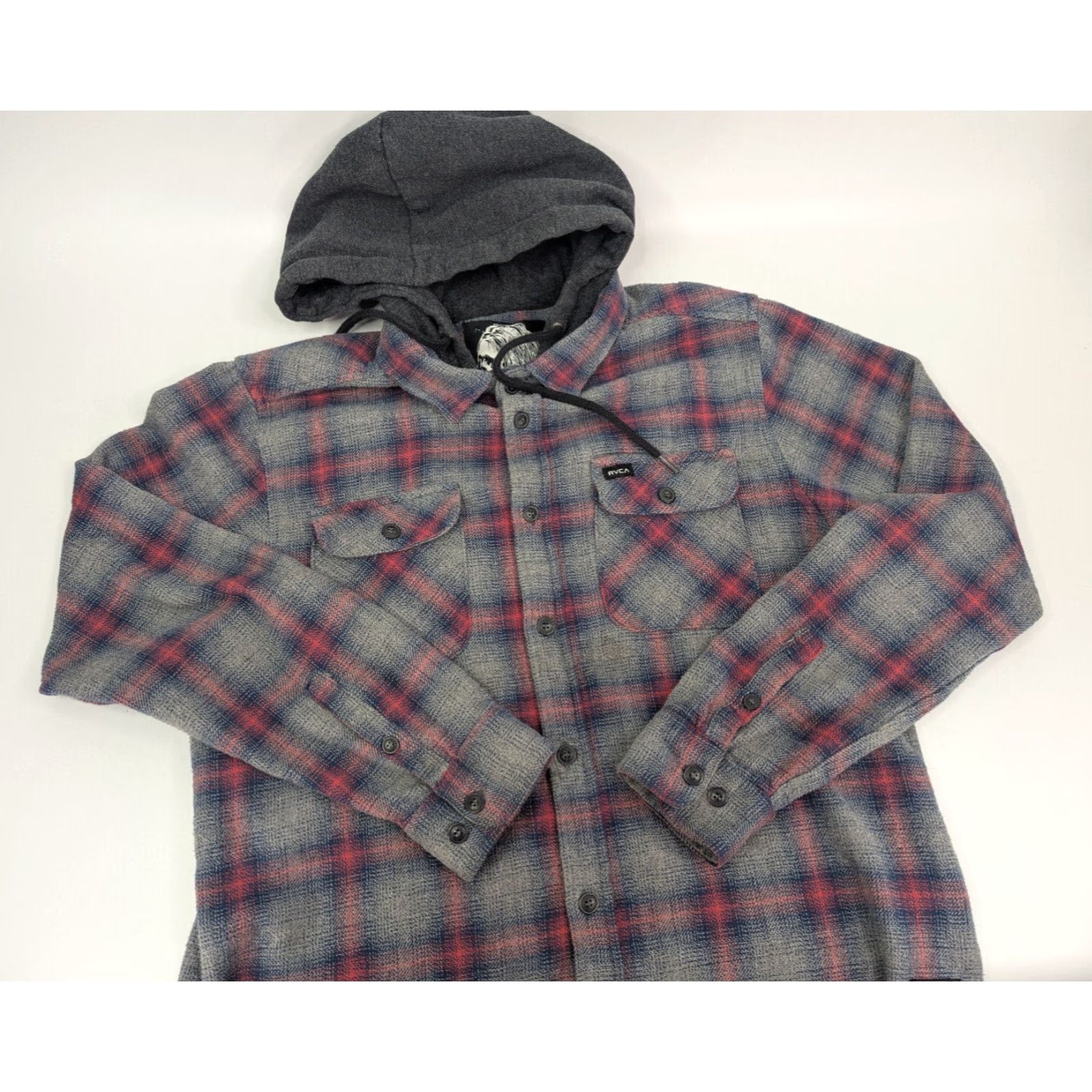 RVCA RVCA Christian Fletcher Hooded Flannel Shirt Mens M Red Gray Plaid Shacket Skate Shirt Size US M / EU 48-50 / 2 - 2 Thumbnail