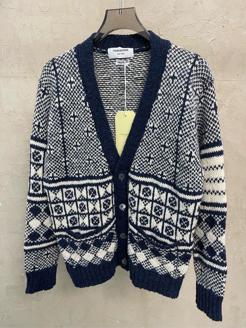 Thom Browne Thom browne Dark blue vintage jacquard four-striped wool ca Size US M / EU 48-50 / 2 - 2 Thumbnail