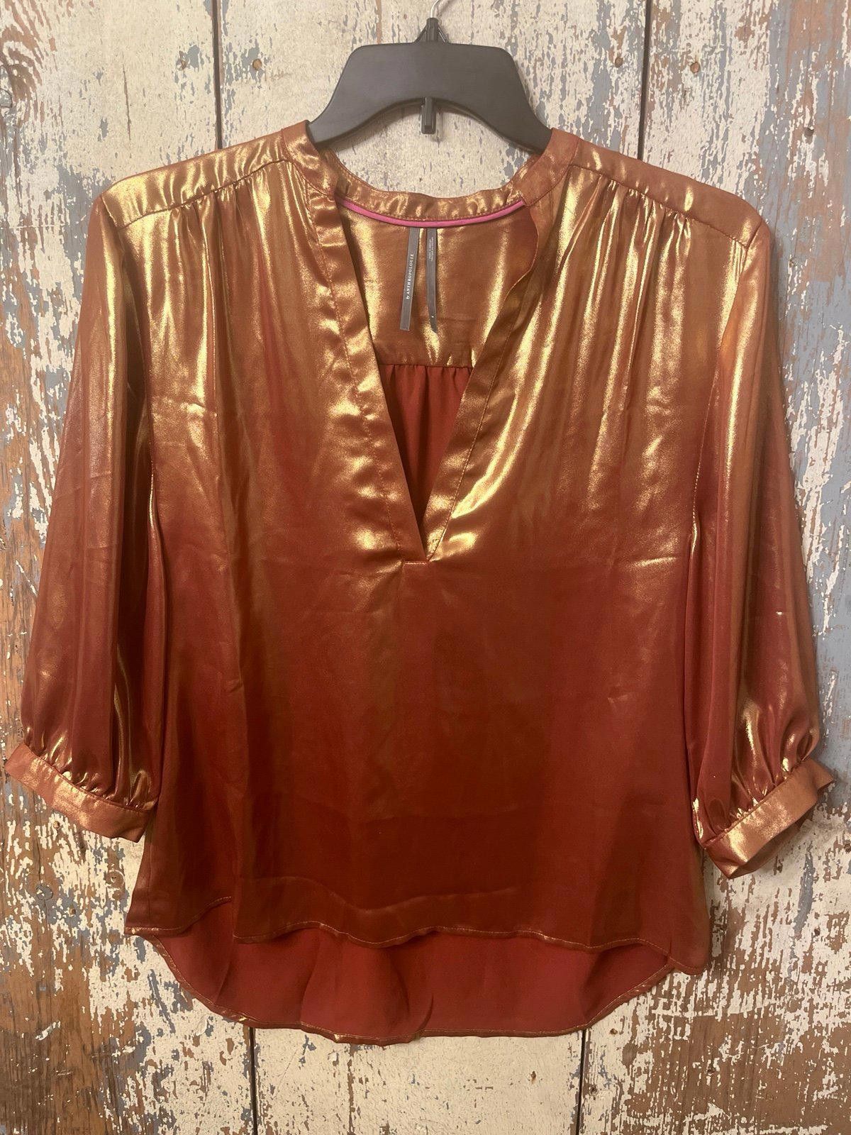 Designer by Anthropologie Metallic Foil Blouse, Bronze, size Small Size S / US 4 / IT 40 - 3 Thumbnail