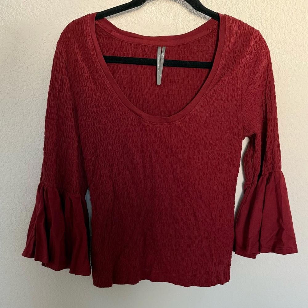 Designer Anthropologie Smocked Bell-Sleeve Top Shirt Wine Red Medium Size M / US 6-8 / IT 42-44 - 4 Thumbnail