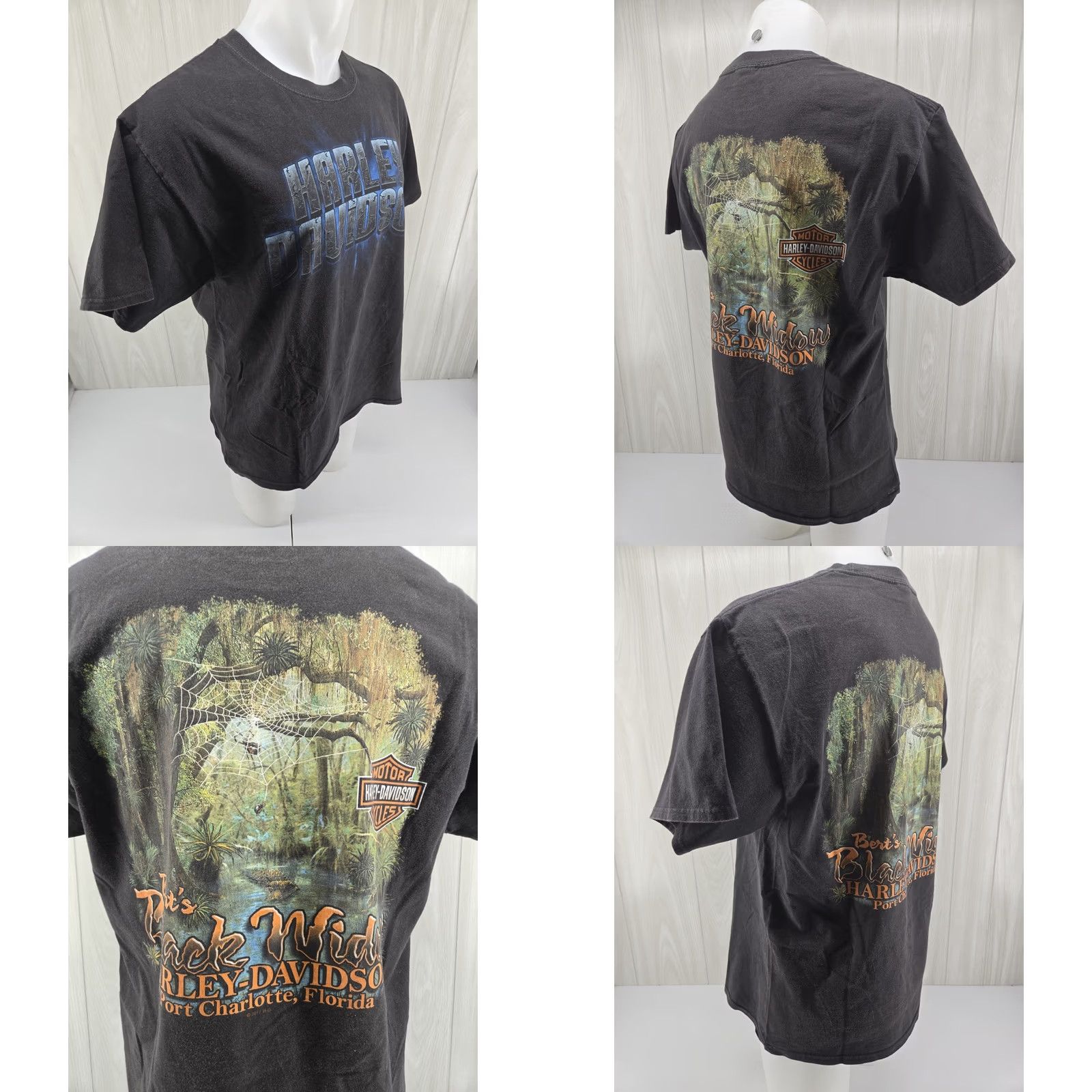 Harley Davidson VINTAGE Harley-Davidson Shirt Mens Large Black Distressed Bert's Black Widow Port Charlotte FL Size US L / EU 52-54 / 3 - 8 Thumbnail