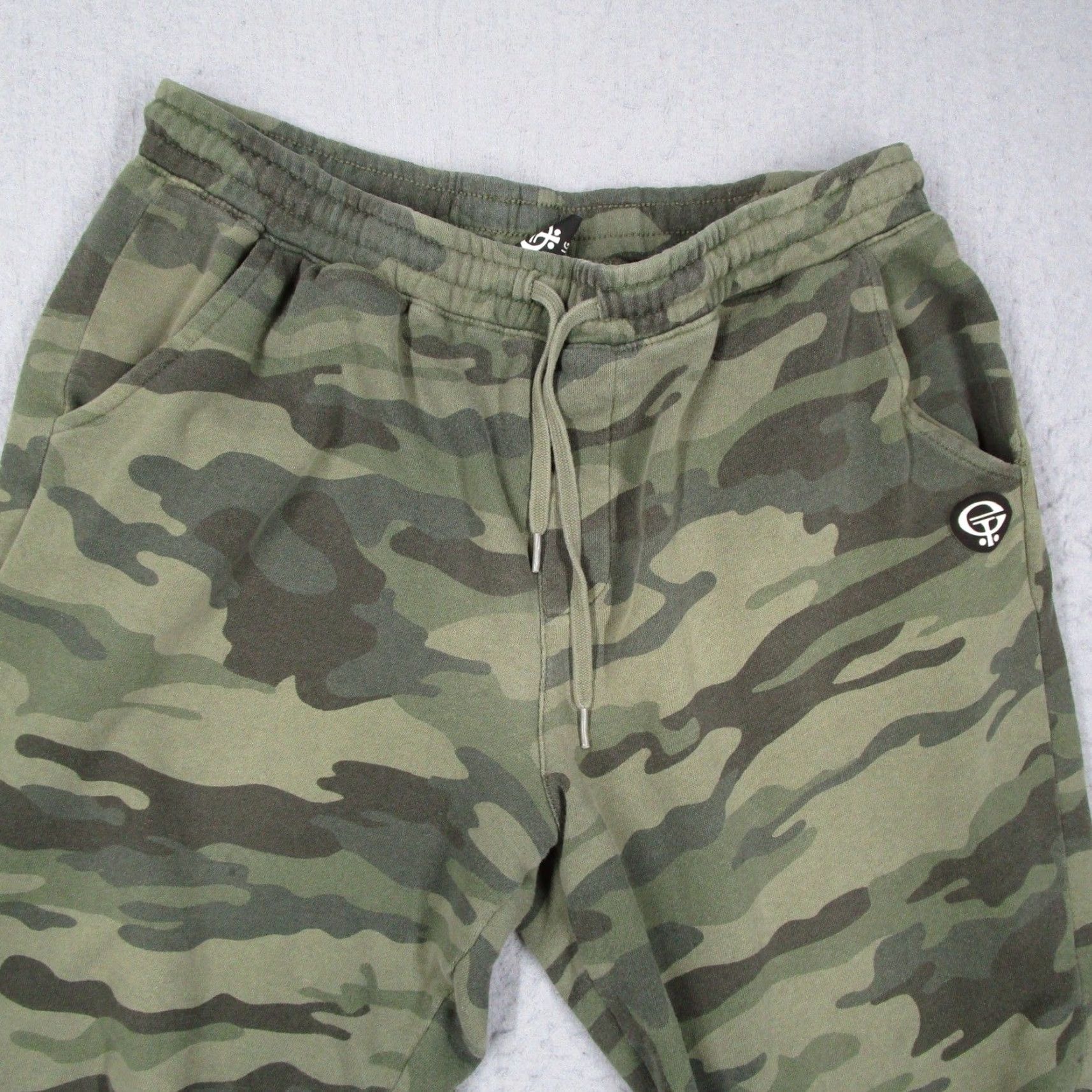Vintage ET Surf Joggers Mens L Camouflage Cotton Blend Fleece Pockets Drawstring Elastic Waist Green Tapered Leg Army Military 26in Inseam Size US 33 - 2 Thumbnail