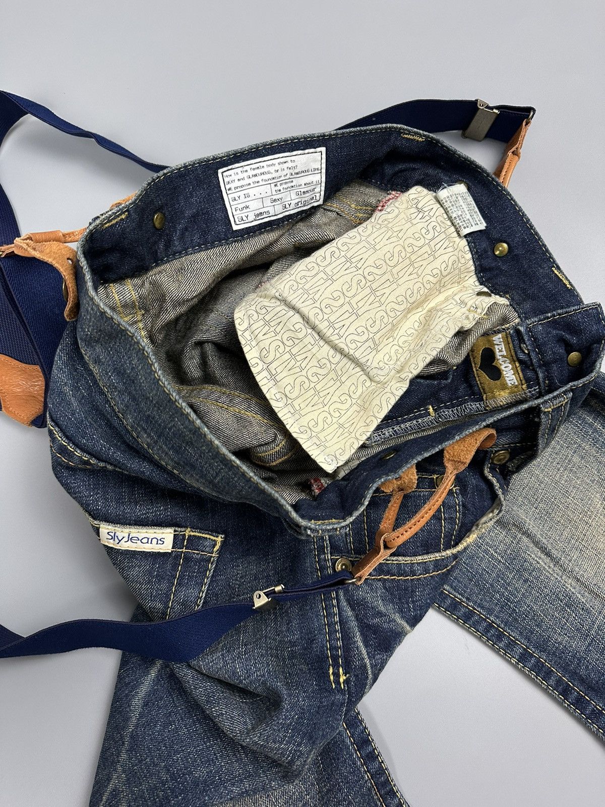 If Six Was Nine × Le Grande Bleu (L.G.B.) 🔥Flared🔥 SLY Glamour Jeans With Suspenders Leather Denim Size US 32 / EU 48 - 12 Thumbnail