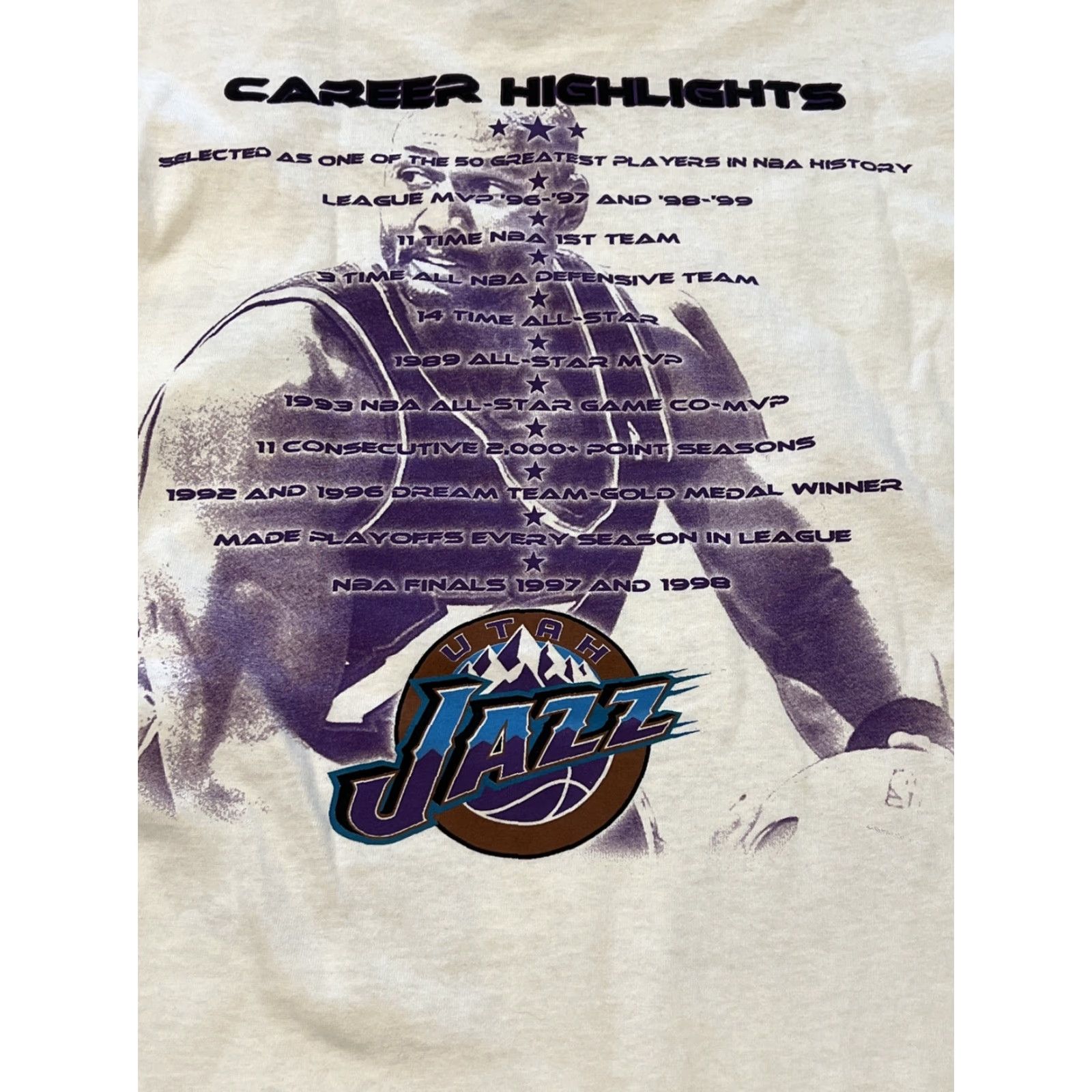 NBA VINTAGE Utah Jazz T Shirt Men XL Karl Malone Double Sided Bright Graphic Print NBA Shirt Men XL White 1990s Graphic Tee Mens NBA Sportswear/Beach Size US XL / EU 56 / 4 - 3 Thumbnail