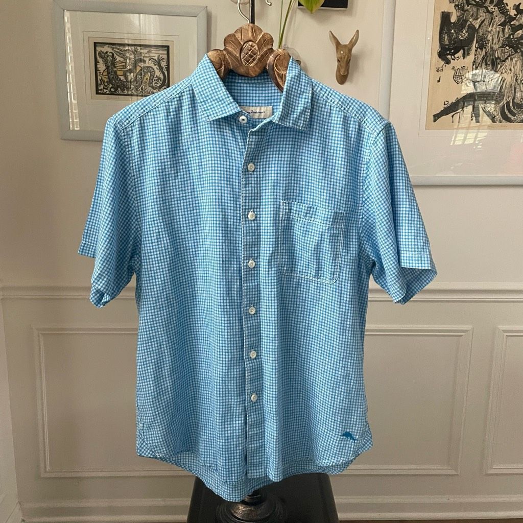 Tommy Bahama Tommy Bahama Linen Cotton Blue Gingham Short Sleeve Button U Size US M / EU 48-50 / 2 - 2 Thumbnail