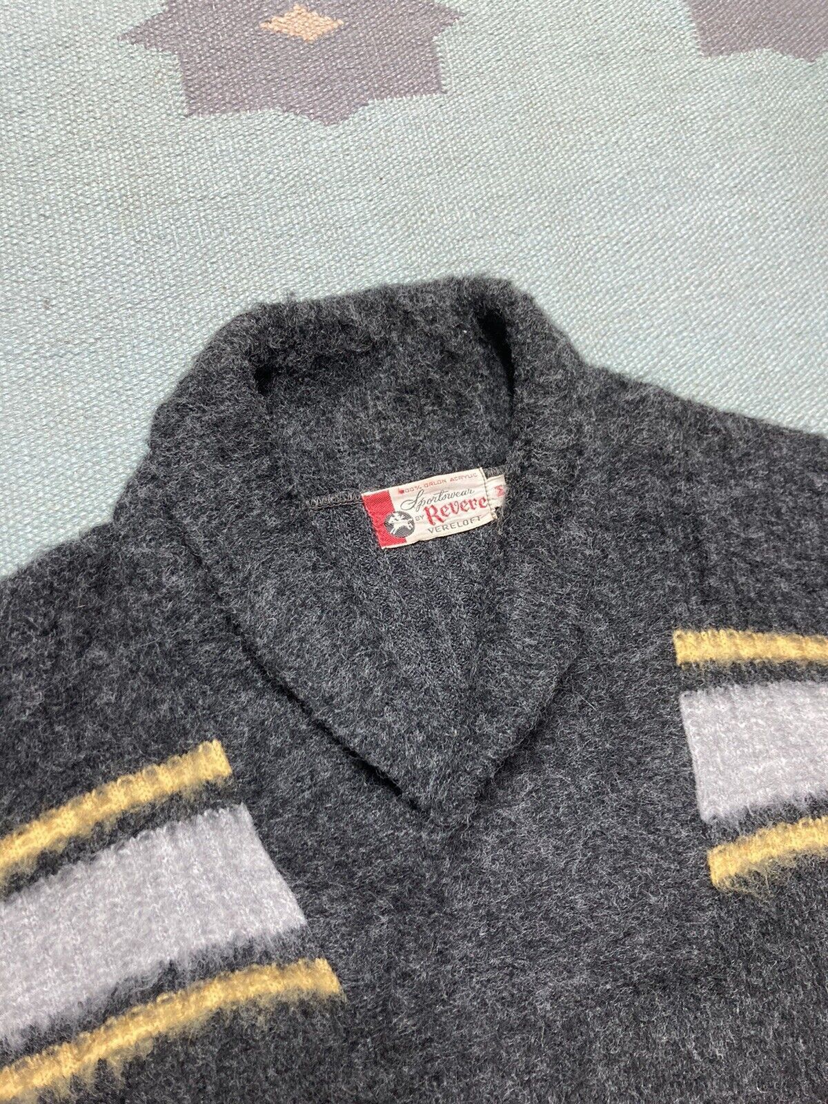 Vintage 60s acrylic sweater shawl collar shag hairy mohair stripe M Size US M / EU 48-50 / 2 - 3 Thumbnail