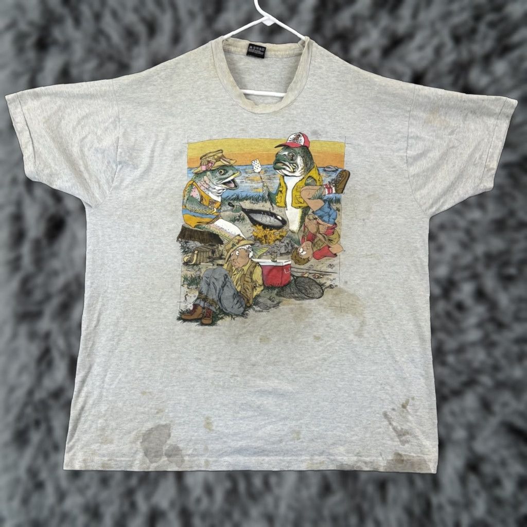 Fruit Of The Loom VINTAGE Fruit of the Loom Shirt Mens 2XL Gray Short Sleeve Graphic Print Fishing Humor 90s Flower? Size US XXL / EU 58 / 5 - 1 Thumbnail