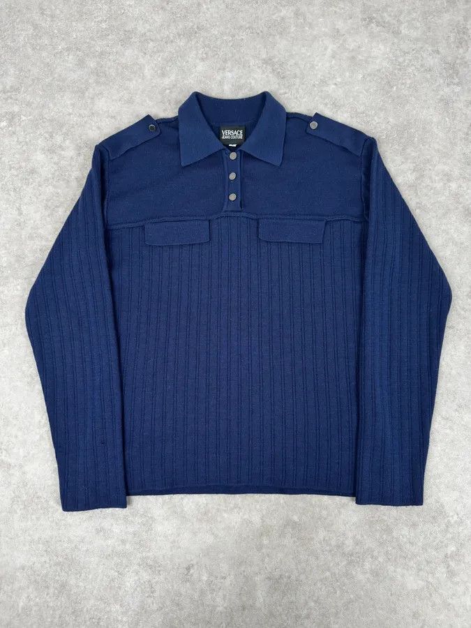 Versace Versace Navy Flat Wool Longsleeve Polo Size M / US 6-8 / IT 42-44 - 1 Thumbnail