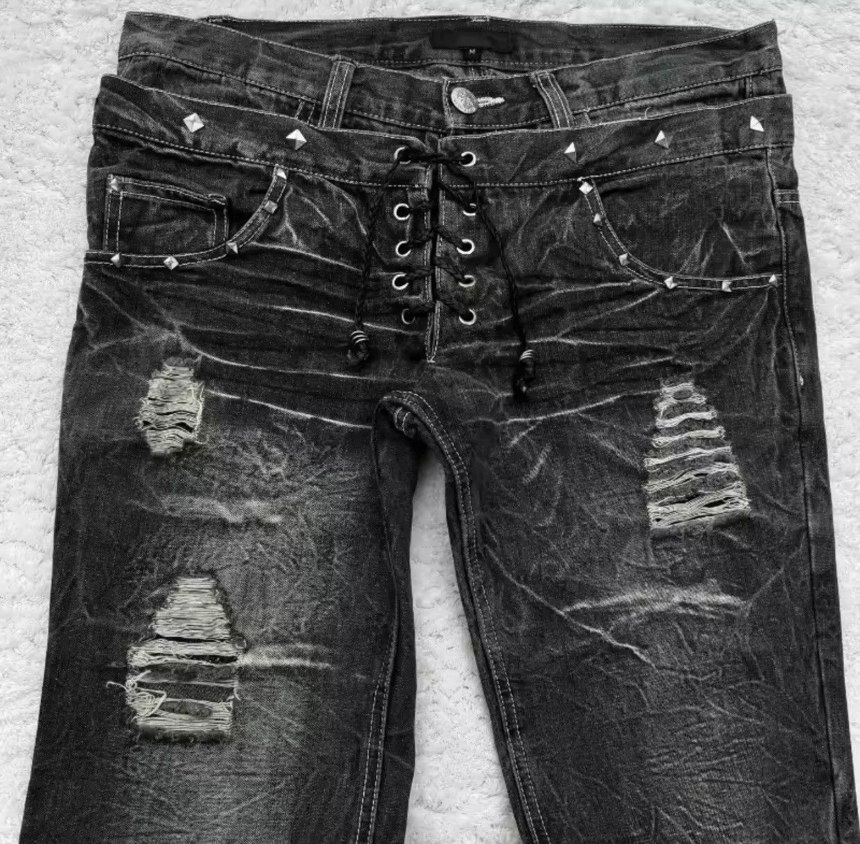 Denime Y2K Washed Jeans Micro Flared Double Waisted Lace Up Pants Size US 37 - 2 Thumbnail