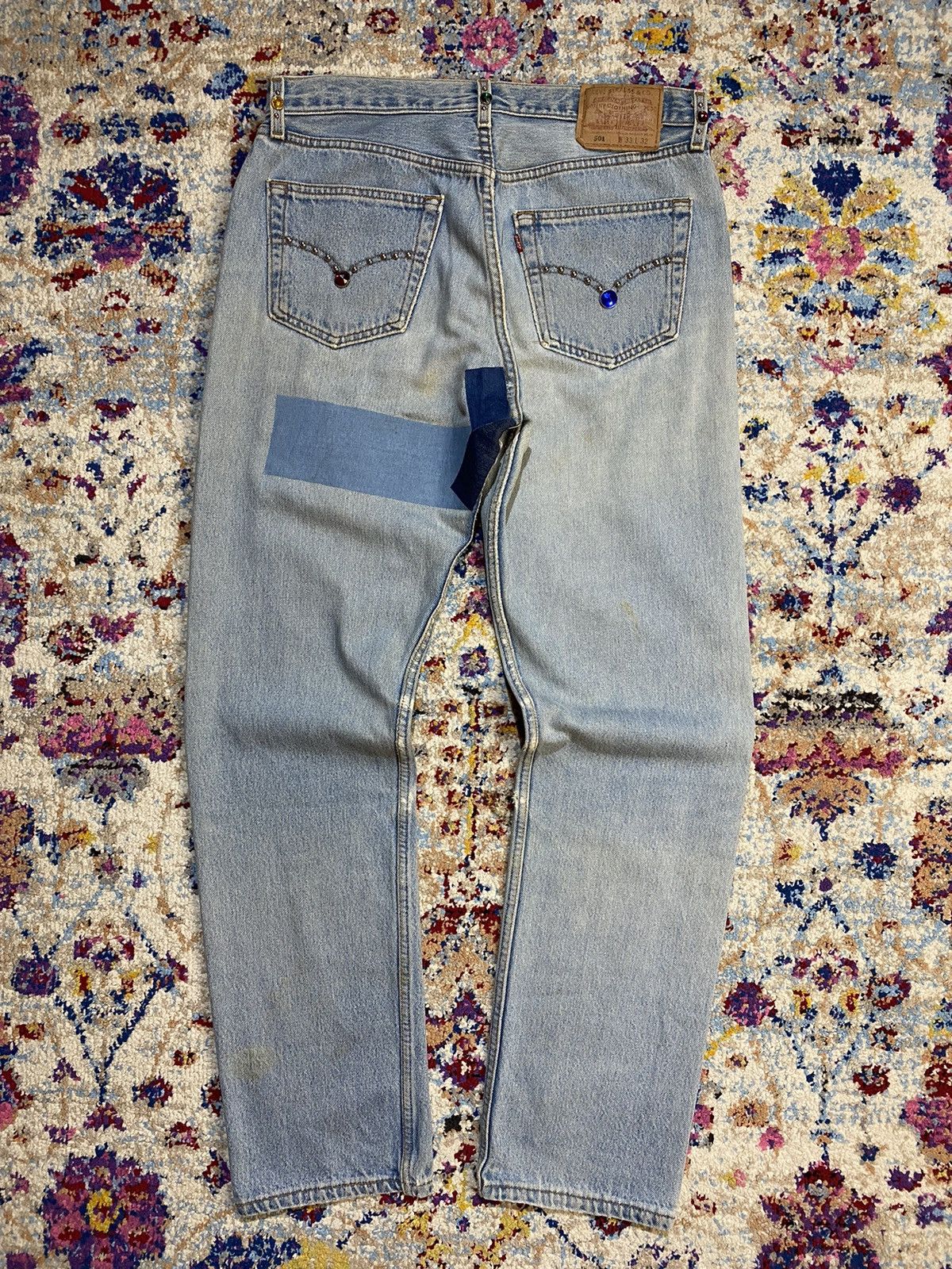 Levi's × Vintage WASHED BLUE 501 LEVIS RINDEM CUSTOM STUDS RHINESTONE Size US 33 - 2 Thumbnail