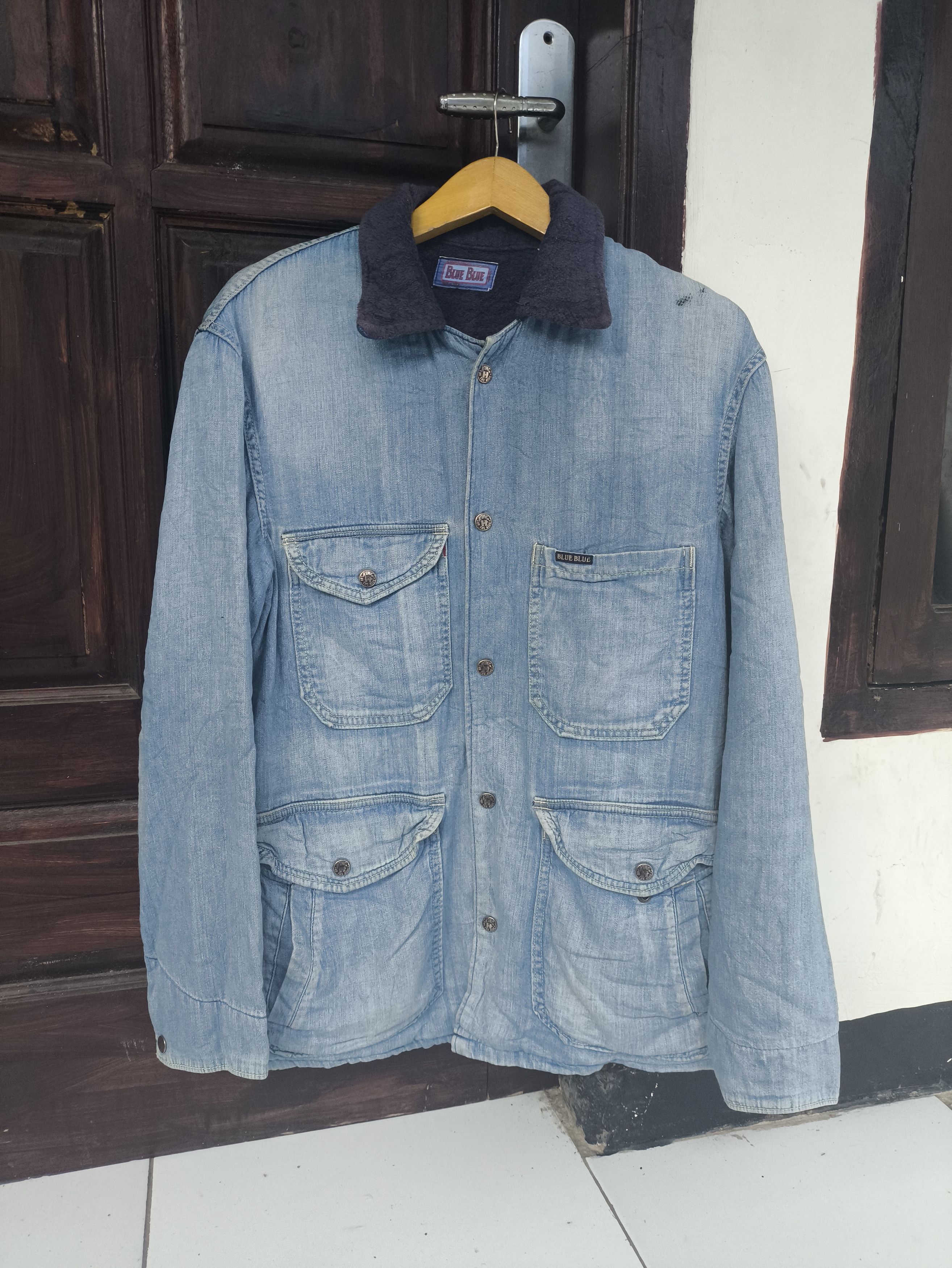 image of Blue Blue Japan Chore Denim Jacket Lining Sherpa in Blue Denim, Men's (Size Medium)