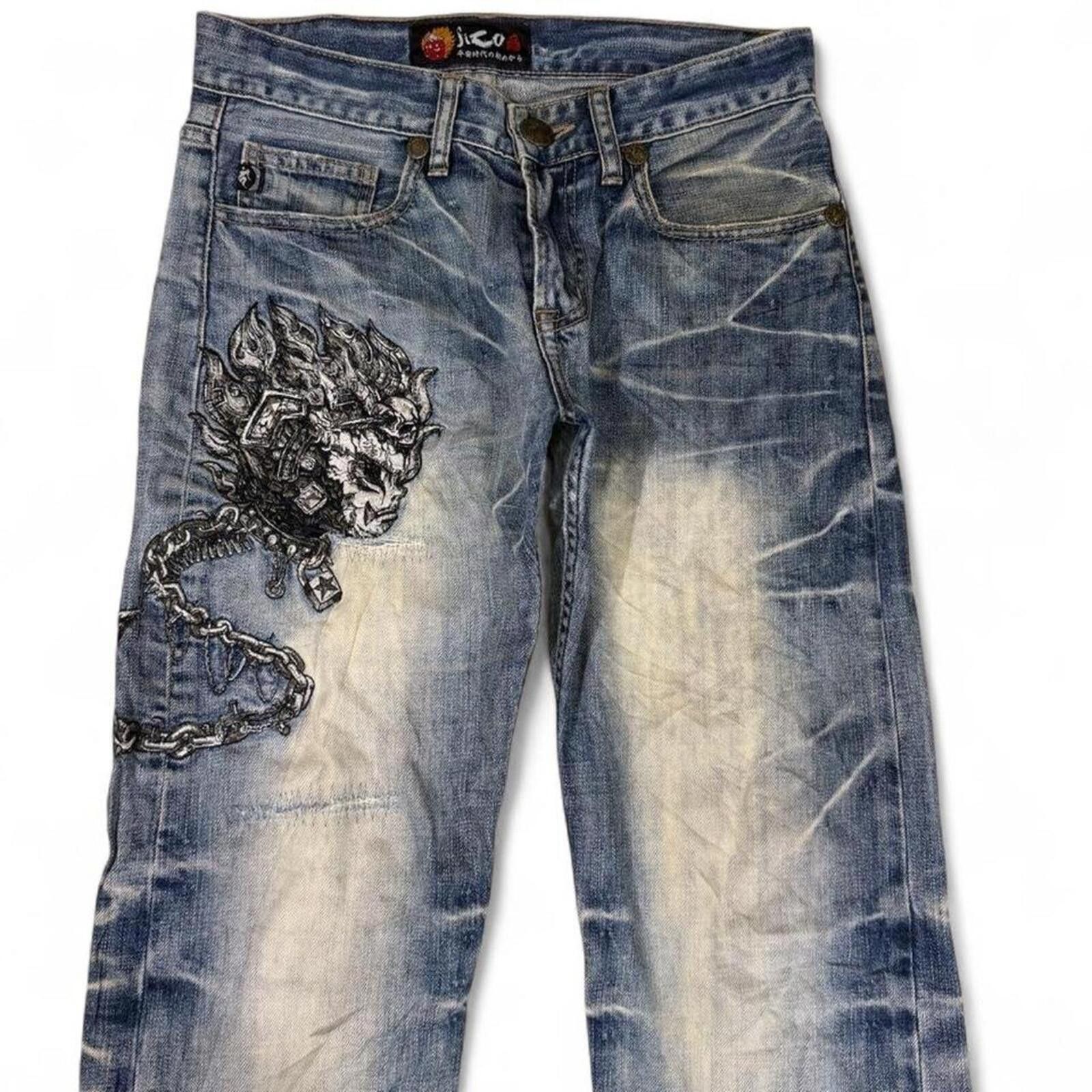 Other RARE Y2K VINTAGE EMBROIDERED JIZO CHAIN SKULL DENIM JEANS Size US 30 / EU 46 - 2 Thumbnail