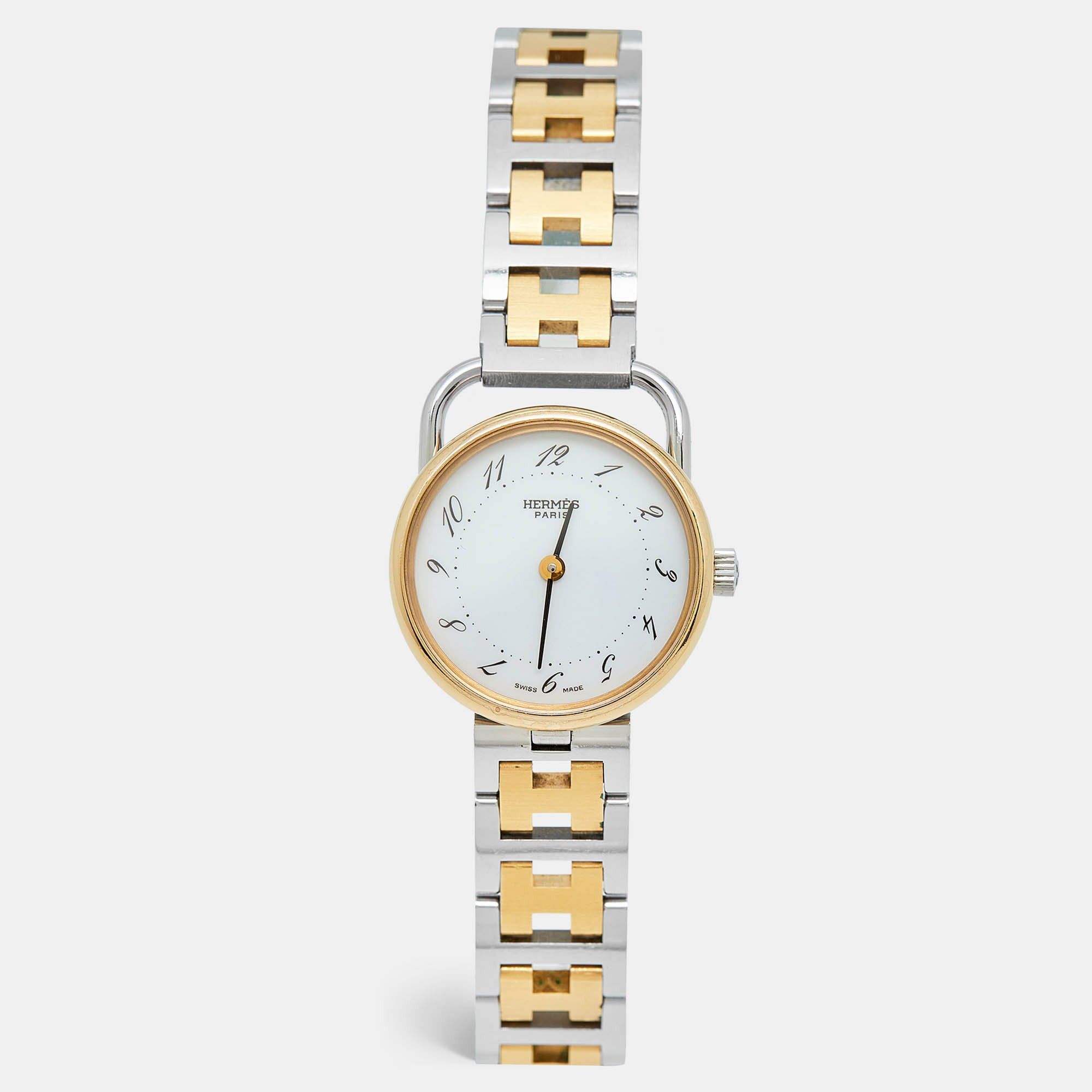 image of Hermes White Two Tone Stainless Steel Arceau Ar3.220 Women's Wristwatch 25 Mm