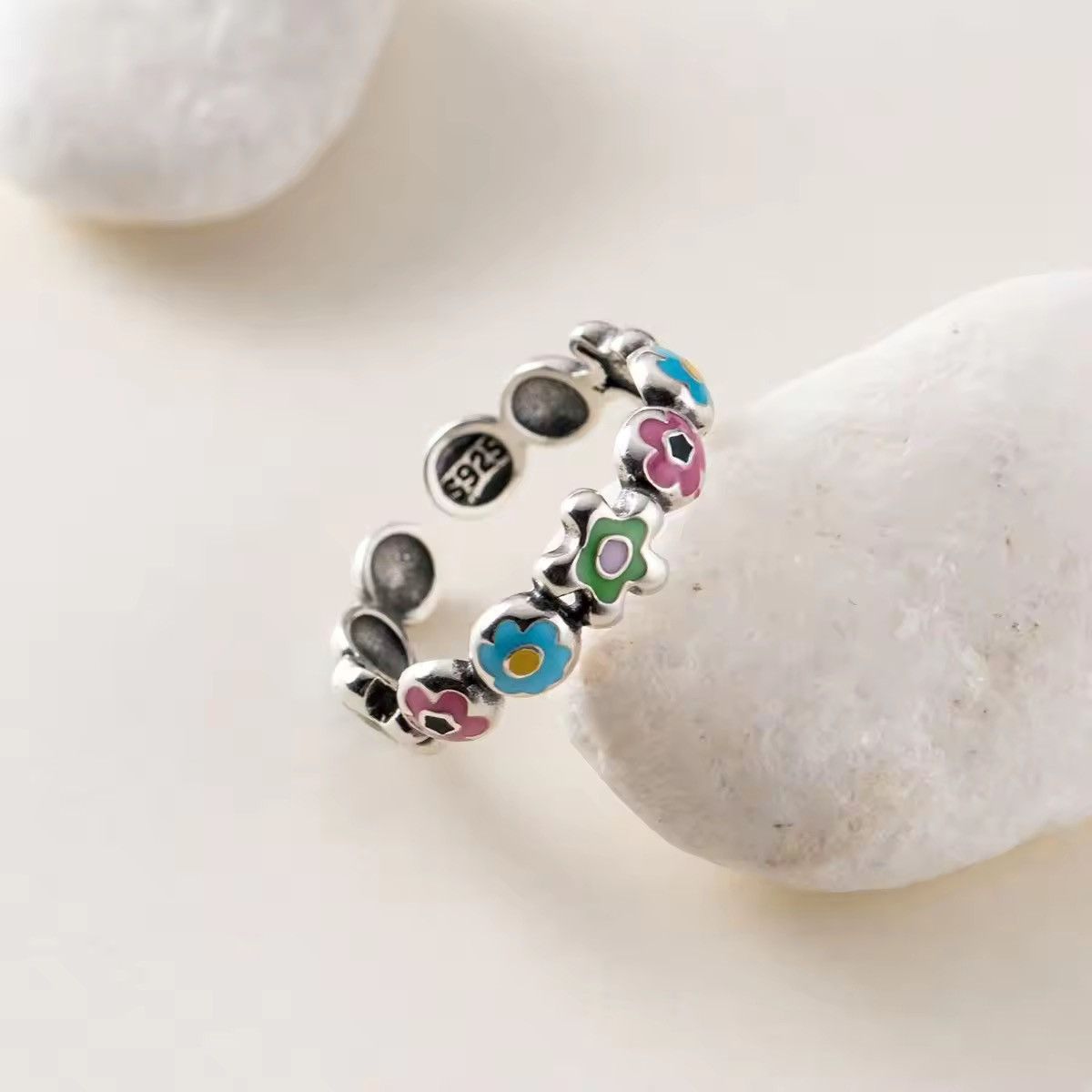 Jewelry Silver Colourful Flolwer Ring Size ONE SIZE - 3 Thumbnail