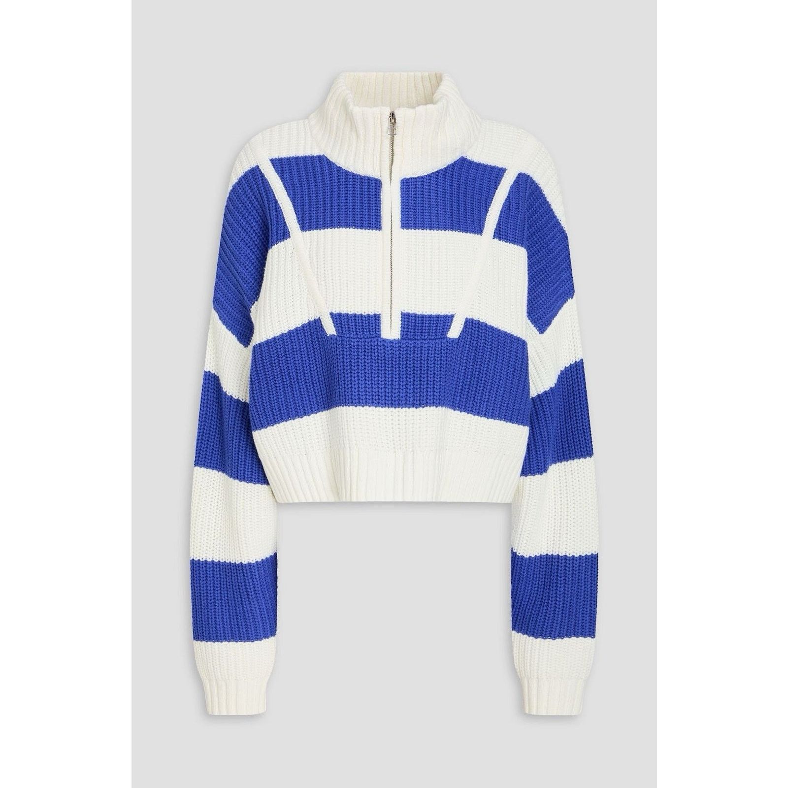 Staud STAUDE Blue Striped Quarter Zip Ribbed Cotton Blend Sweater Size M / US 6-8 / IT 42-44 - 1 Thumbnail
