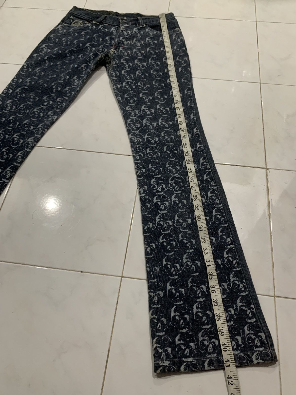 Japanese Brand Vintage Buddhist Punk Skull All Over Print Flared Jeans Size US 27 - 21 Thumbnail