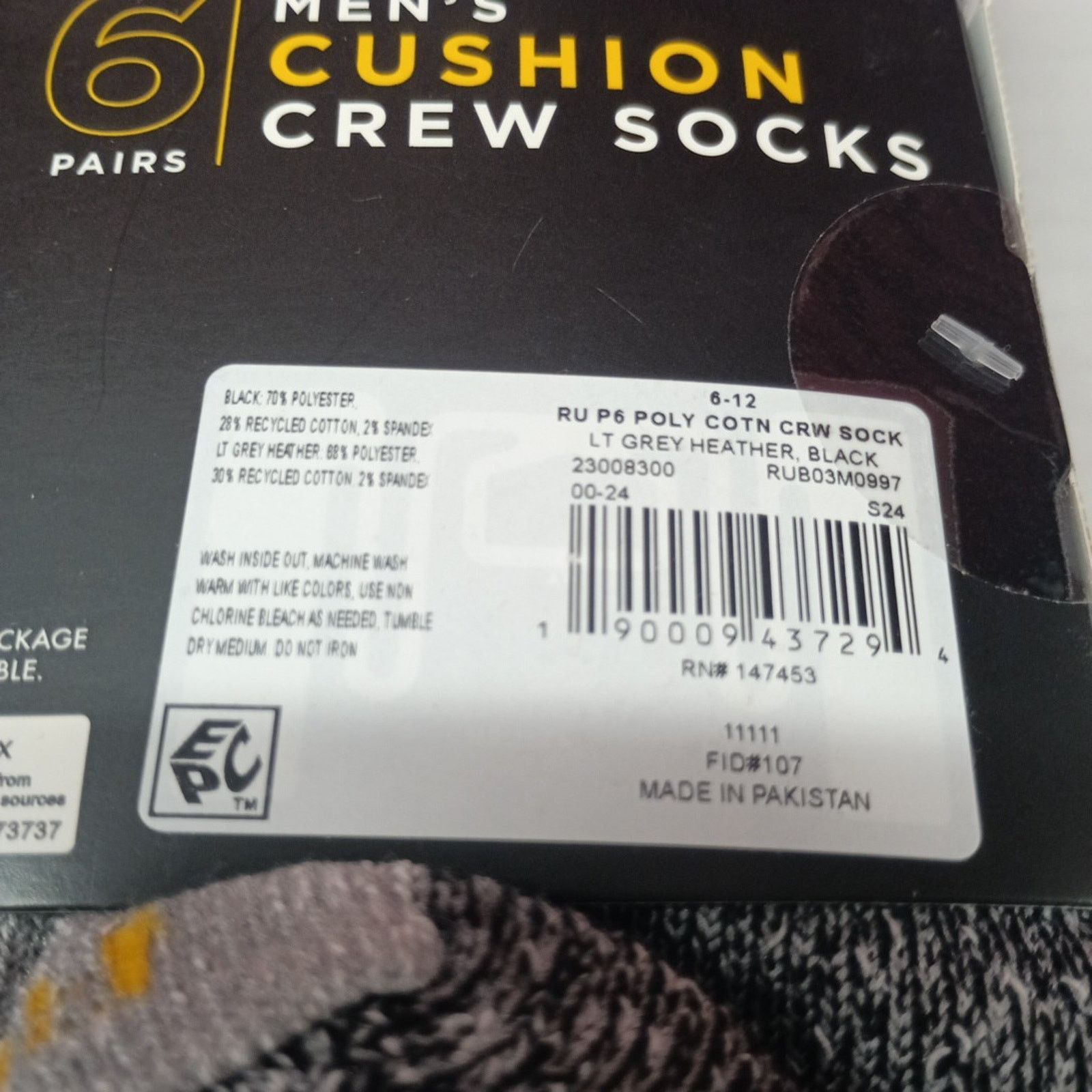 Wrangler Wrangler Rustler Men’s Cushion Crew Socks 6 Pk Black Grey Size ONE SIZE - 4 Thumbnail