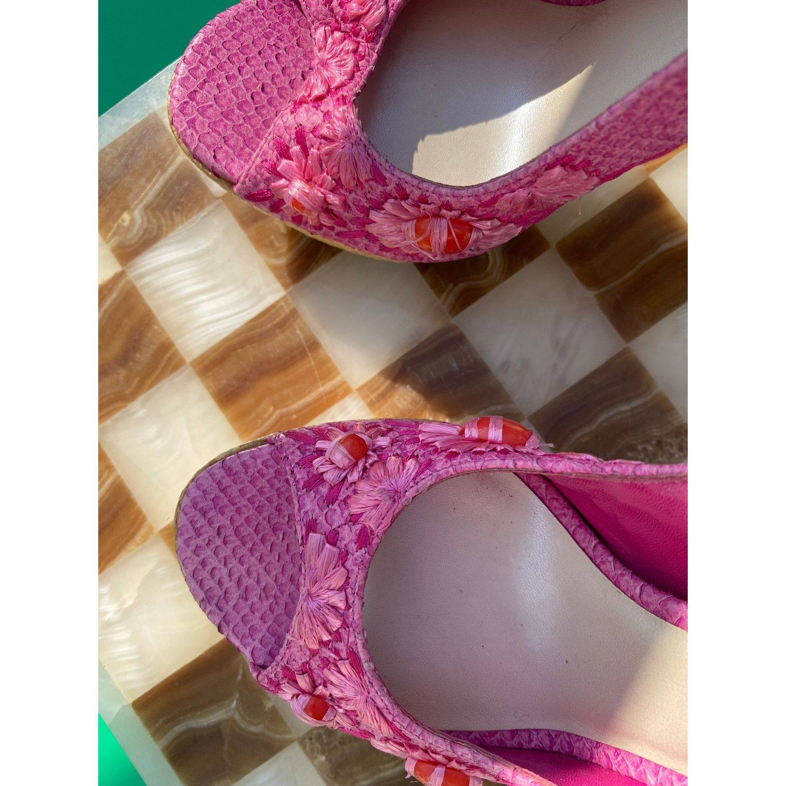 Dior Vintage Dior Pink Python And Raffia Embellished Platforms Size US 7 / IT 37 - 8 Thumbnail