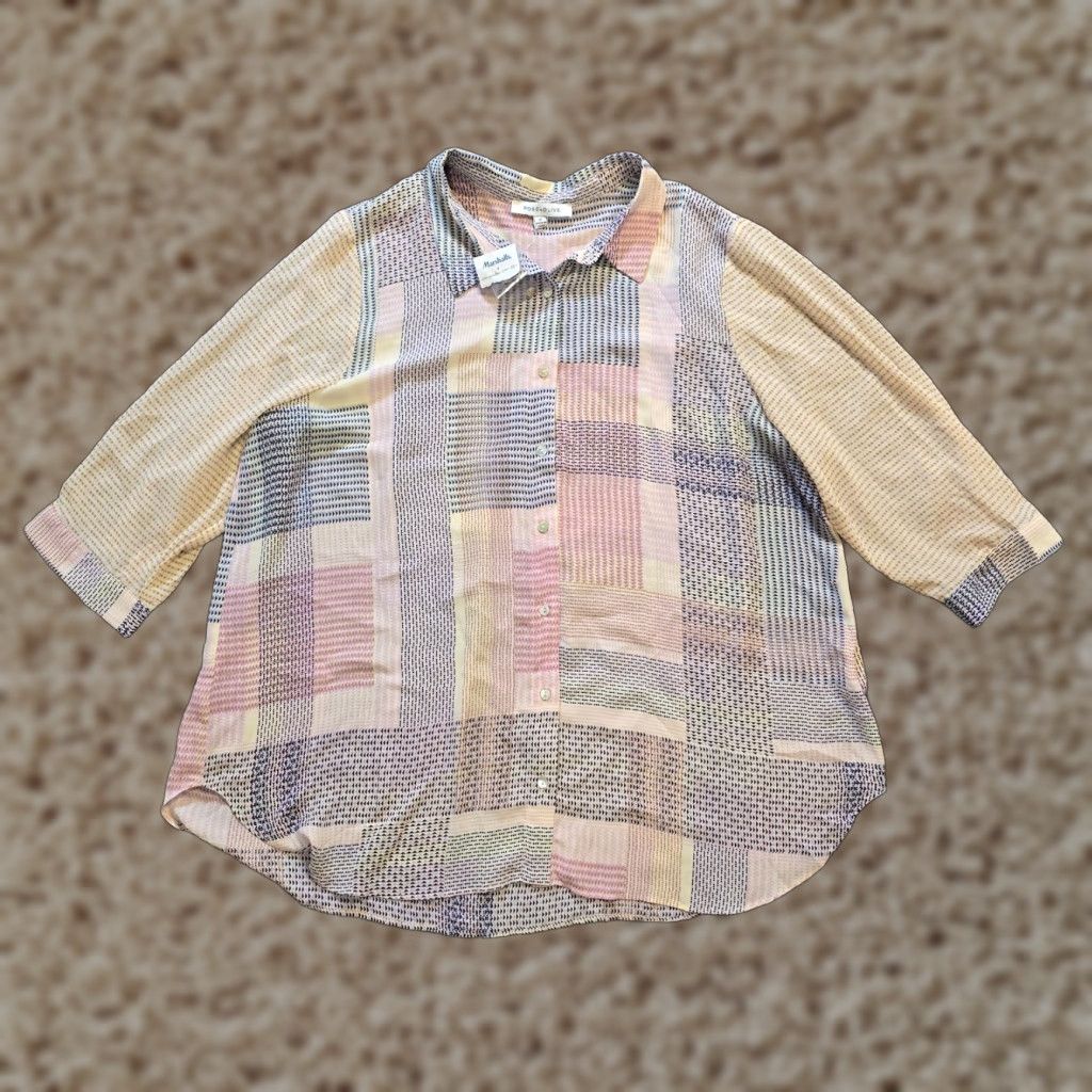 Vintage Rose & Olive Top Womens 1X Pink Yellow Patchwork Button Sheer V Neck Casual Blouse Shirt Adult Plus Womens Size XL / US 12-14 / IT 48-50 - 1 Thumbnail