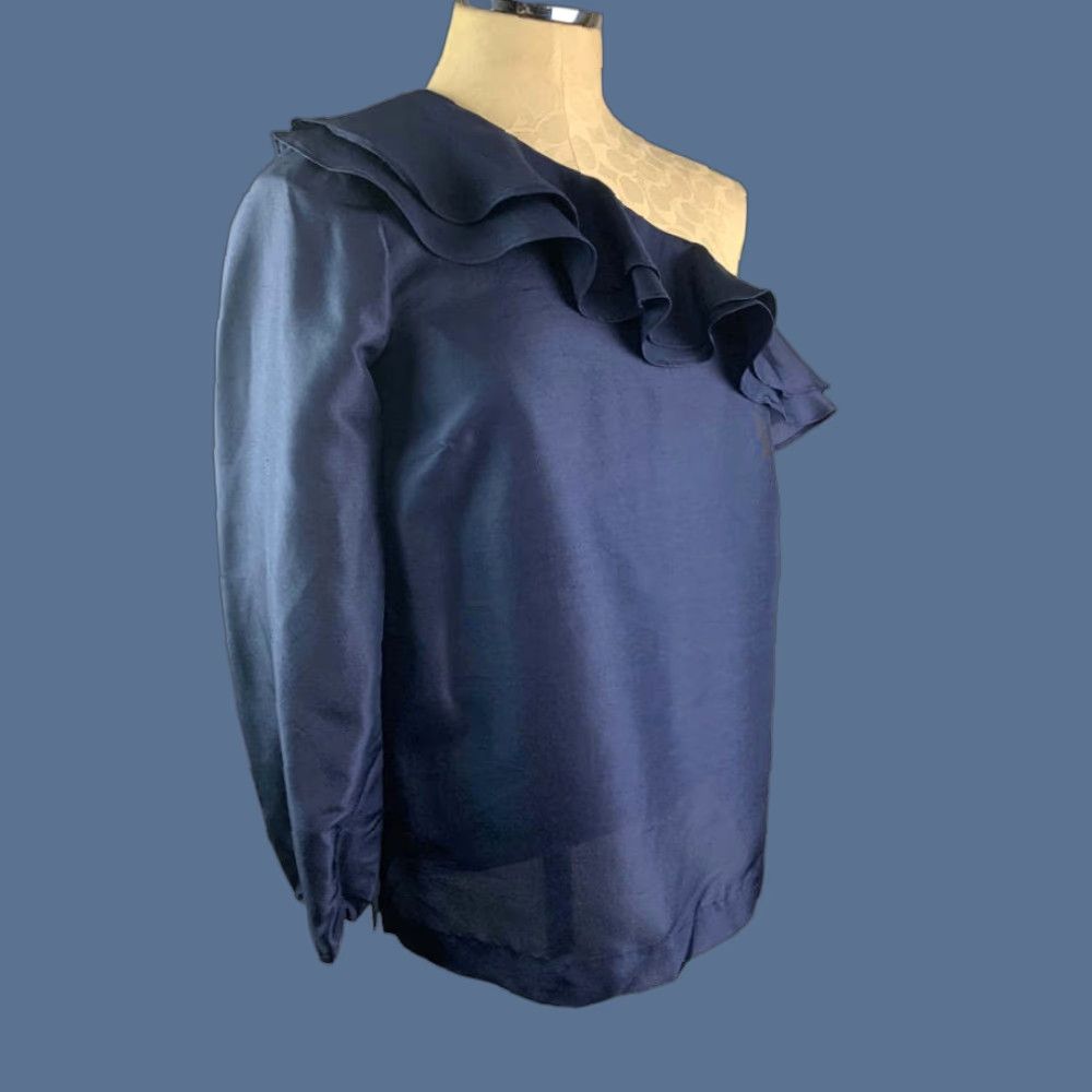 VINTAGE J.Crew Blouse 4T Tall Womens Shantung Silk One Shoulder Blue 18