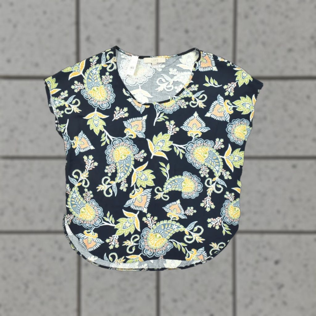 Loft LOFT Navy Paisley Floral Knit Rayon Blend V-Neck Short Sleeve Blouse, M, Women, Regular, Blue, Casual, Pullover, Basic Shirt Size 32" / US 10 / IT 46 - 1 Thumbnail