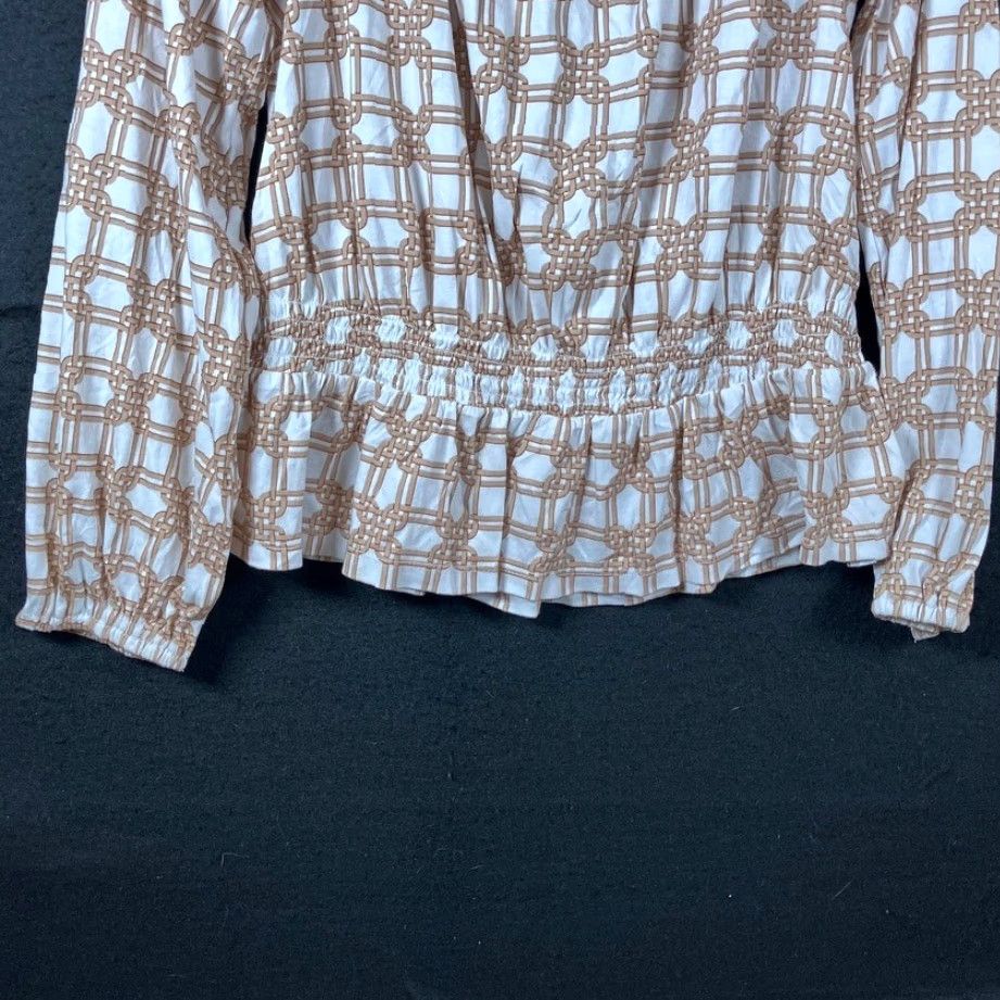 Ann Taylor Ann Taylor LOFT Blouse White Tan Rattan Print Smocked Peplum Long Sleeve M Womens Shirt Men/Womens? Size M / US 6-8 / IT 42-44 - 3 Thumbnail