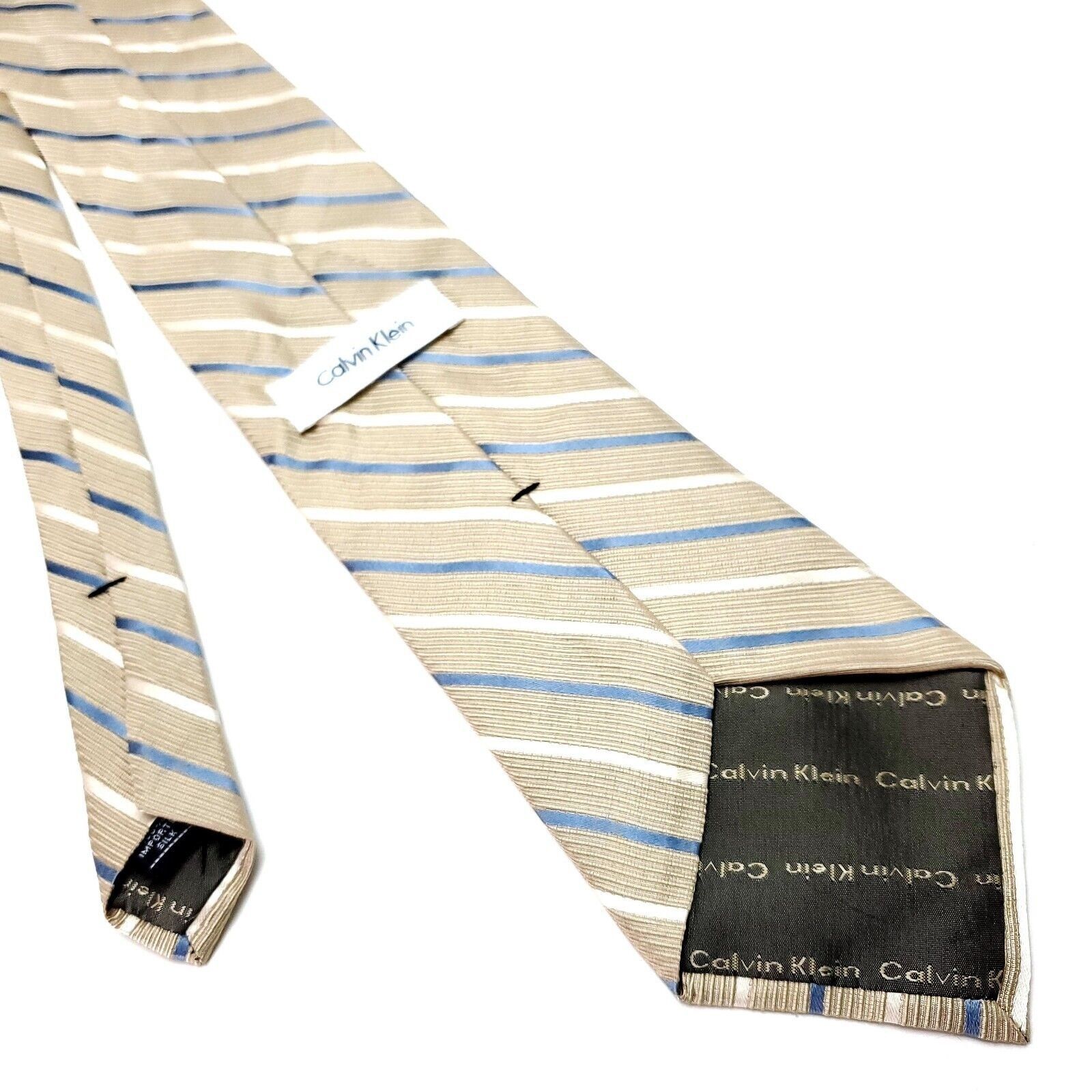 Calvin Klein Calvin Klein Silk Tie Woven Tan Striped Blue Size ONE SIZE - 3 Thumbnail