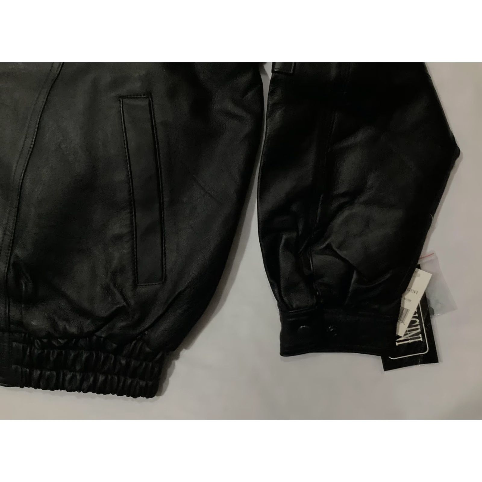 Vintage Ferugini Bomber Jacket Mens Small Black Genuine Leather Back Patch US Army Embroidered Zipper Full Zip Lined Pockets Elastic Waist Army USA Theme Size US S / EU 44-46 / 1 - 6 Thumbnail