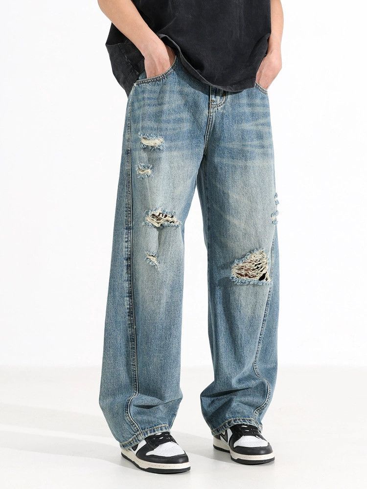 Jean American vintage men's loose wide-leg washed ripped jeans Size US 32 / EU 48 - 2 Thumbnail