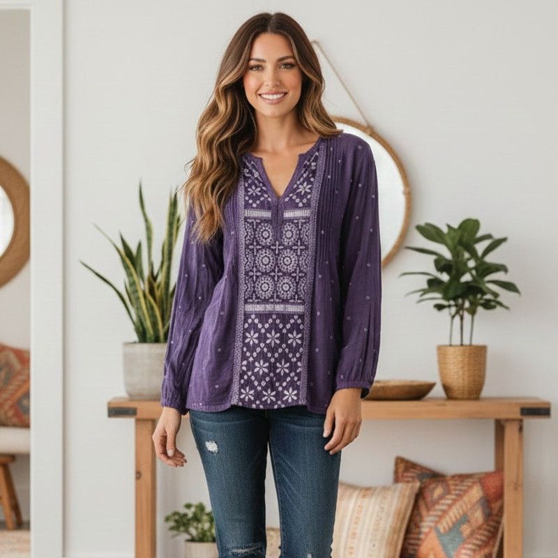 Johnny Was Johnny Was Pullover Blouse Purple Sheer Embroidered sz S Size S / US 4 / IT 40 - 1 Thumbnail
