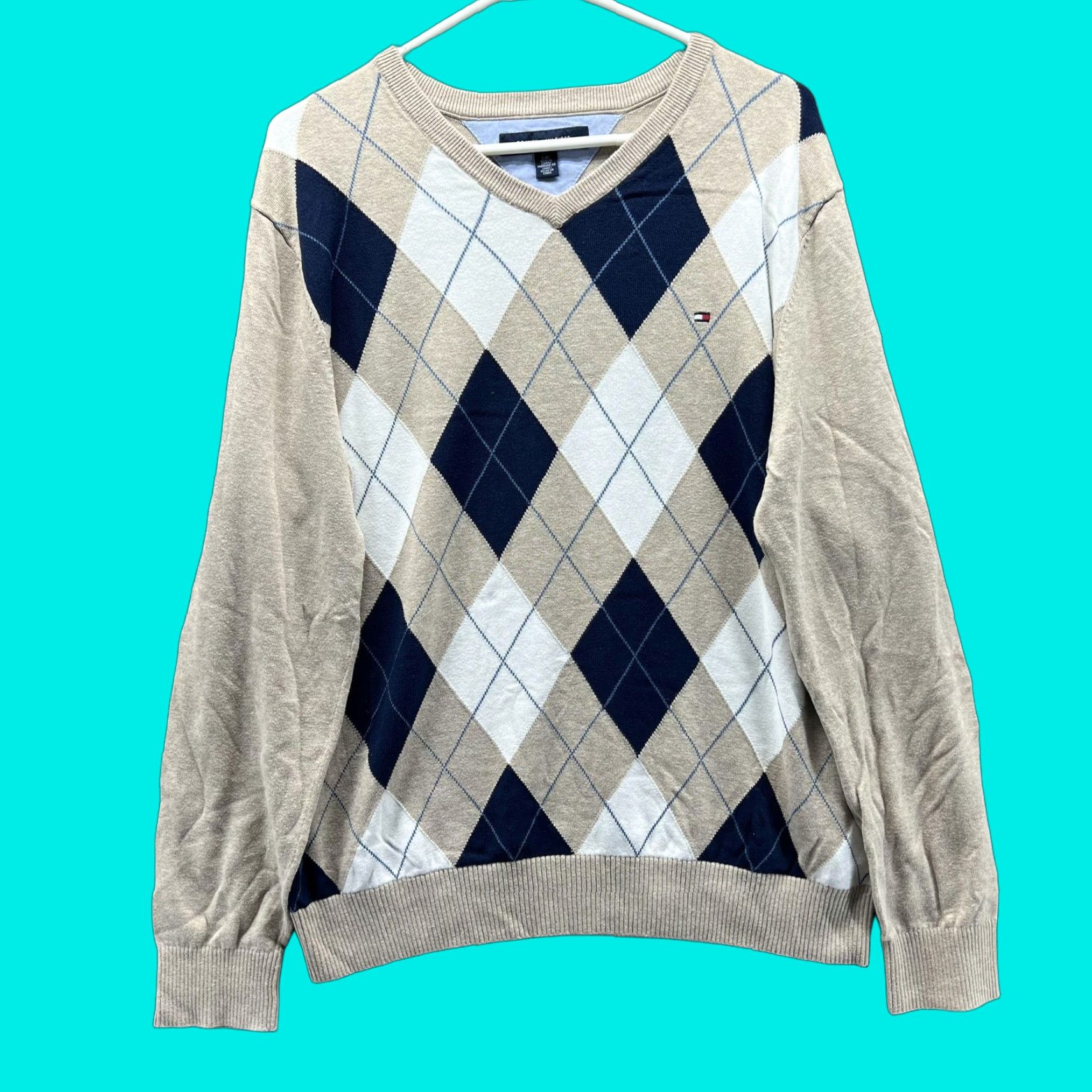Tommy Hilfiger Tommy Hilfiger Sweater Mens L Beige Cotton V Neck Argyle Pullover Knit Logo Size US L / EU 52-54 / 3 - 1 Thumbnail