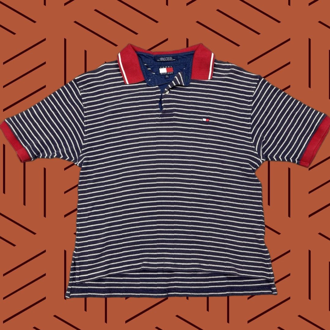 Tommy Hilfiger VINTAGE TOMMY HILFIGER POLO SHIRT MENS STRIPED RIBBED COTTON NAVY XL 90s HIPSTER PREPPY Size US XL / EU 56 / 4 - 1 Thumbnail