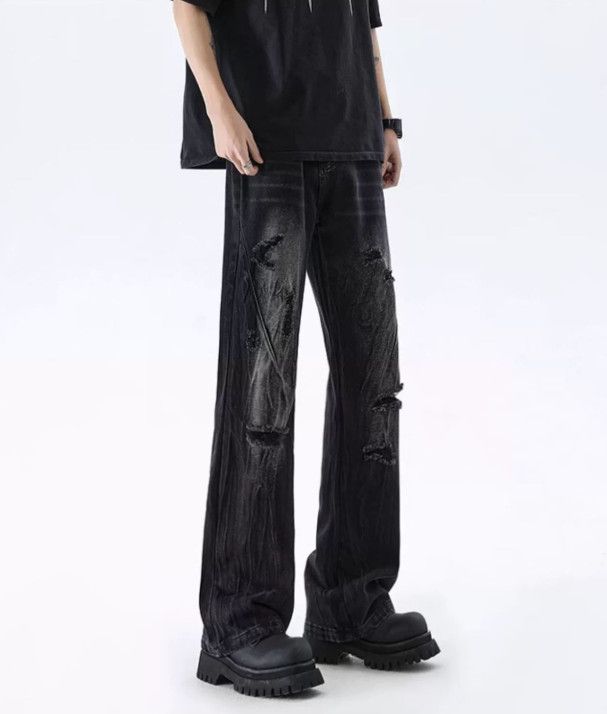 Japanese Brand Men's washed distressed straight leg ripped flared jeans Size US 32 / EU 48 - 4 Thumbnail