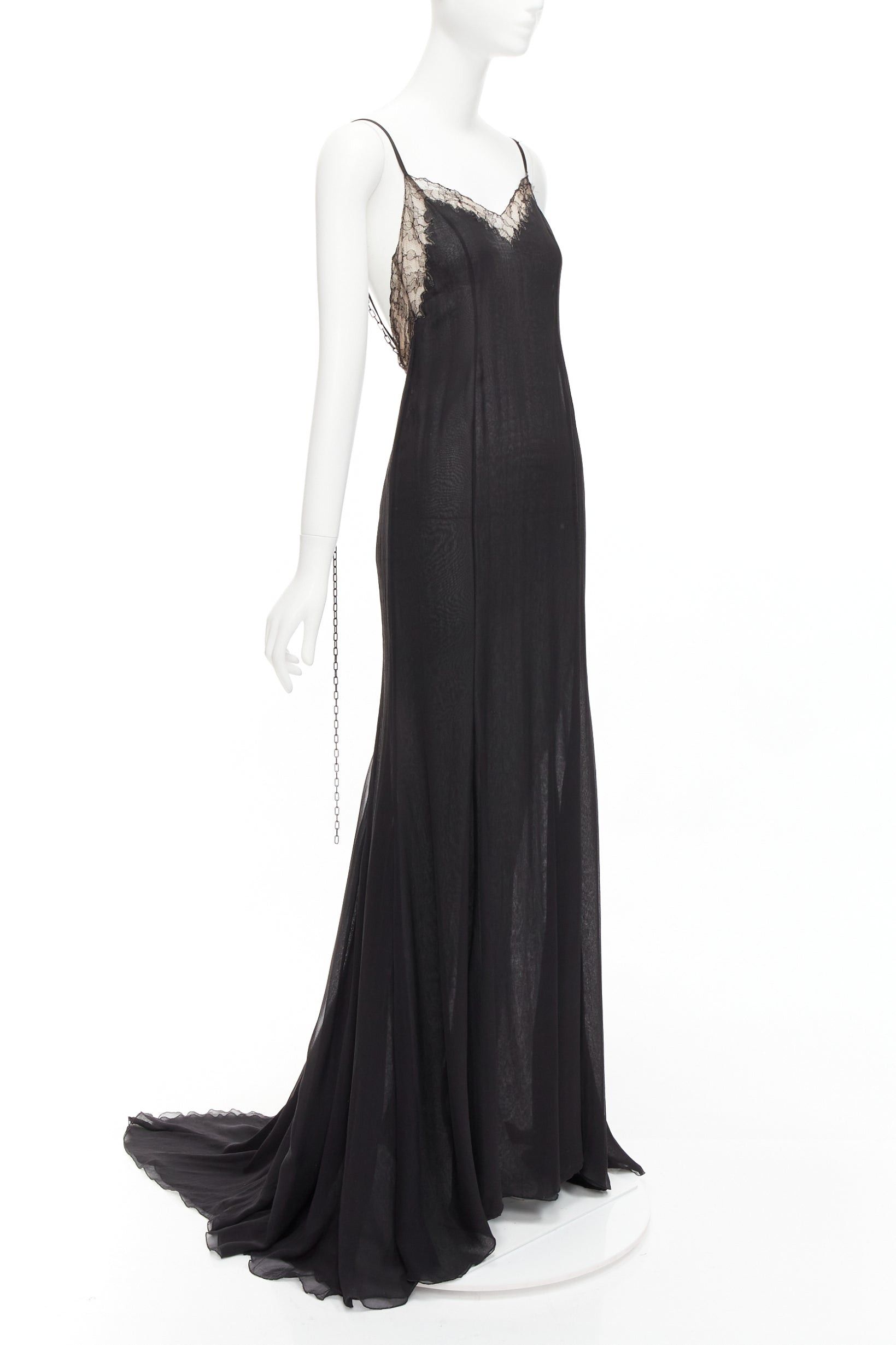 image of Gianni Versace Vintage Black Punk Chain Detail Lace Trim Sheer Long Gown It38 Xs, Women's