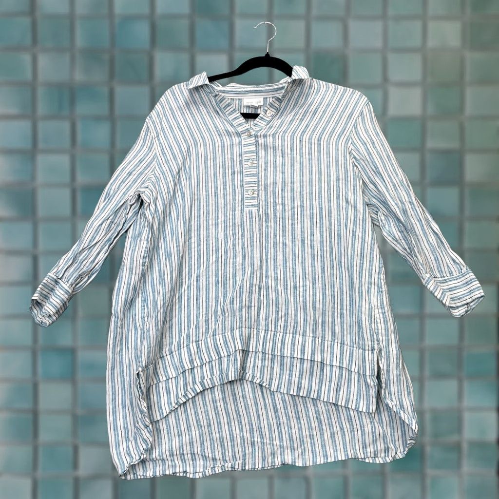 J. Jill J Jill White Linen Popover Tunic Blouse Womens Medium Striped Love Lagenlook Size M / US 6-8 / IT 42-44 - 1 Thumbnail
