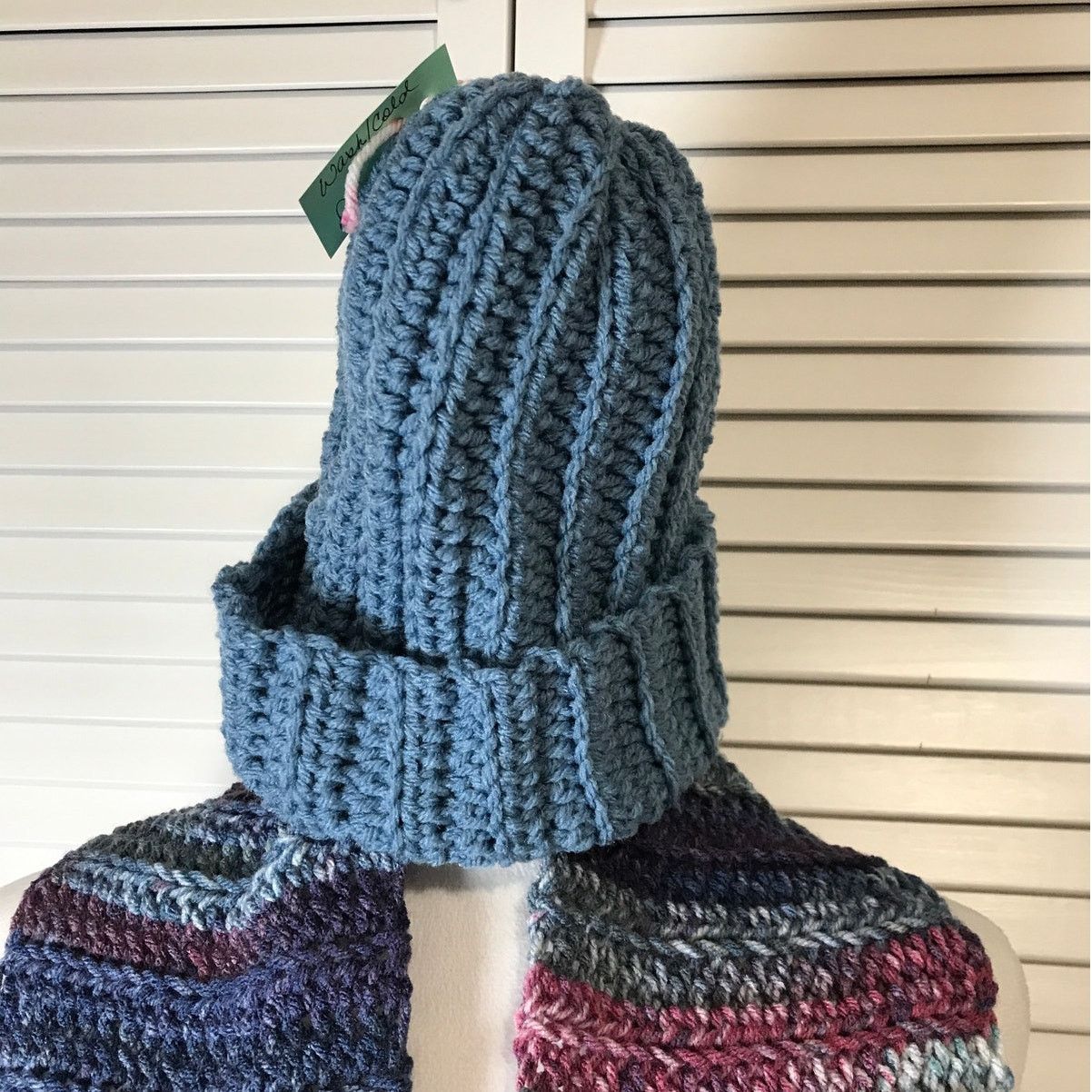 Handmade NWT Handmade Crocheted Blue Purple Beanie & Scarf 60” Size ONE SIZE - 3 Thumbnail
