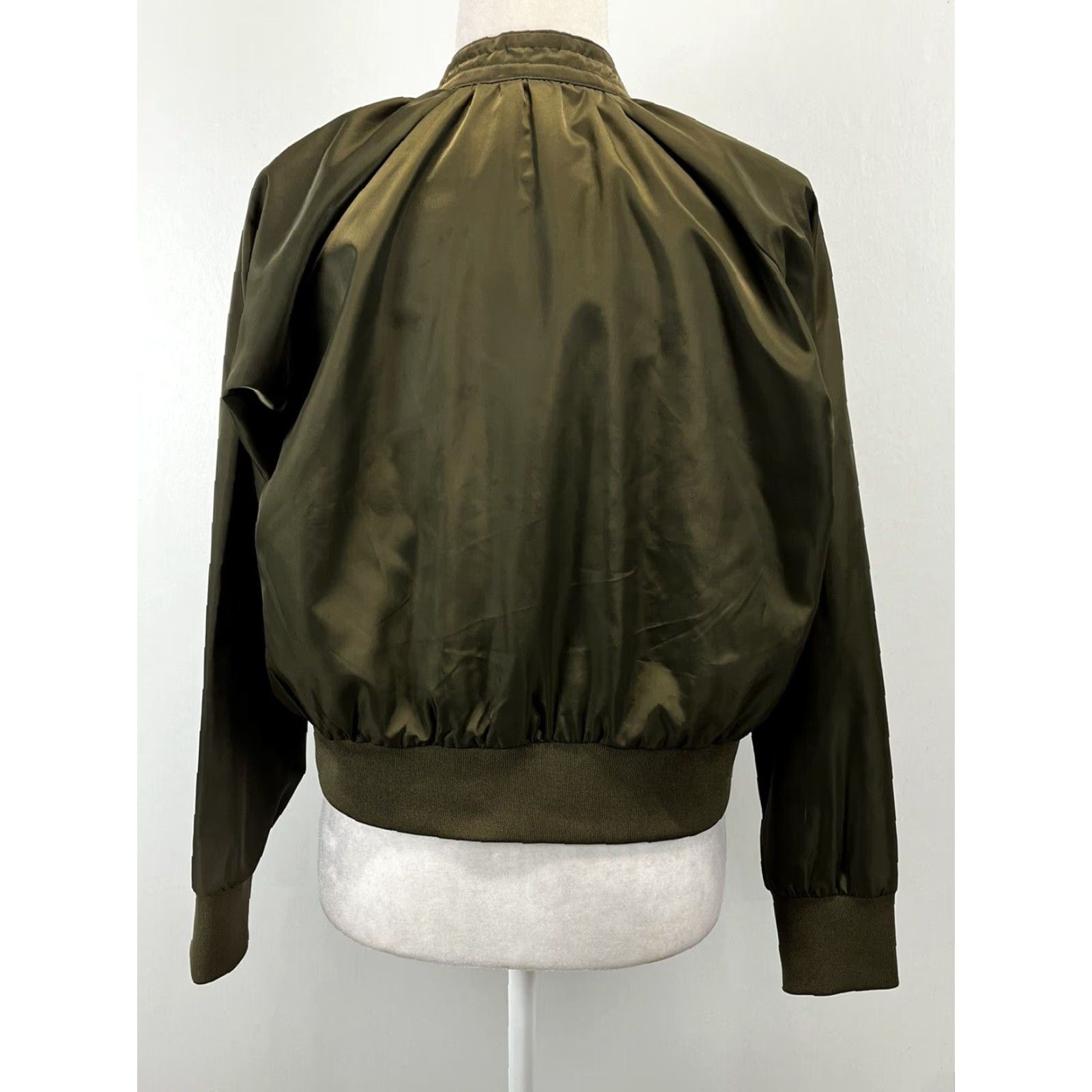 Free People VINTAGE Free People Midnight Satin Bomber Jacket XS Olive Green Crop Womens Short Zip Satin Bomber Jacket Size XS / US 0-2 / IT 36-38 - 3 Thumbnail