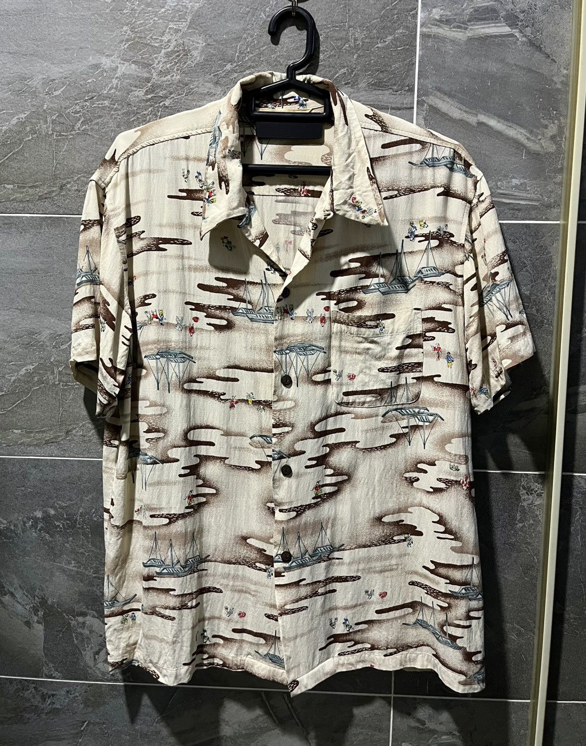 Vintage Japan Fishing Village Hawaiian Shirt Rayon Crepe